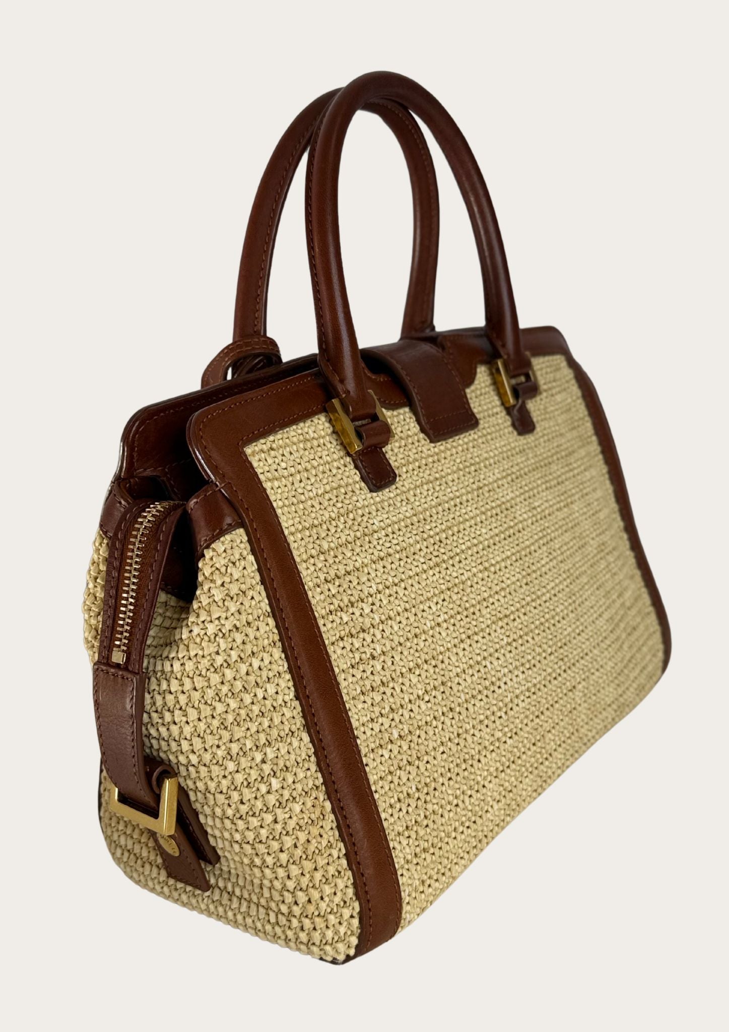 Authentic Saint Laurent Downtown Cabas Raffia bag with brown leather details 