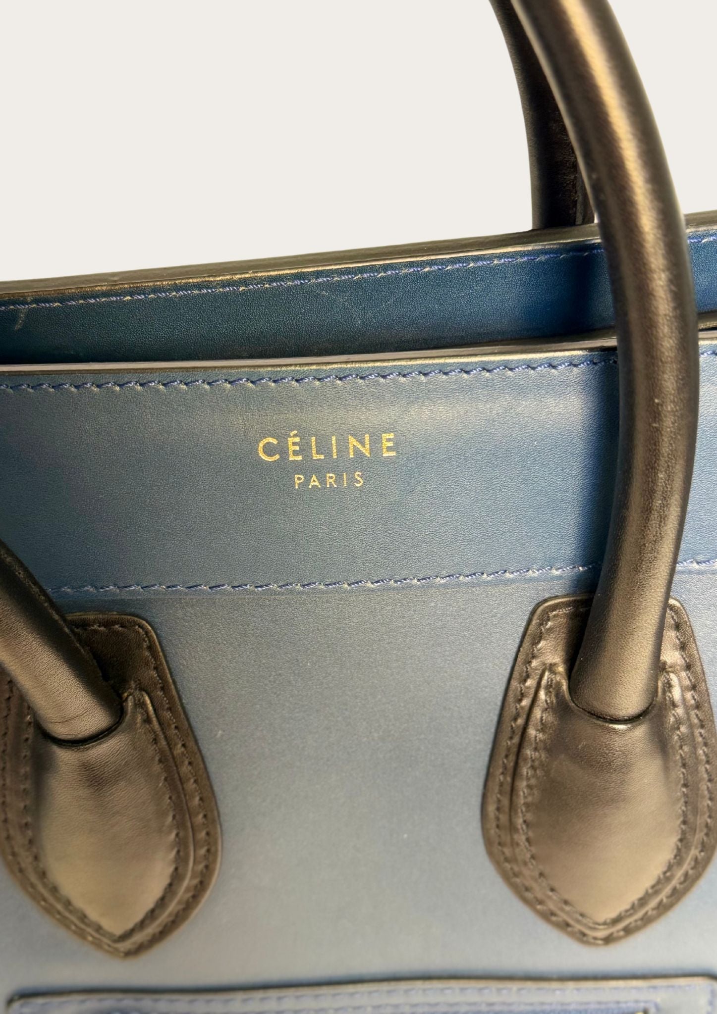 Genuine Celine Nano Luggage Tote in blue leather with black handles 
