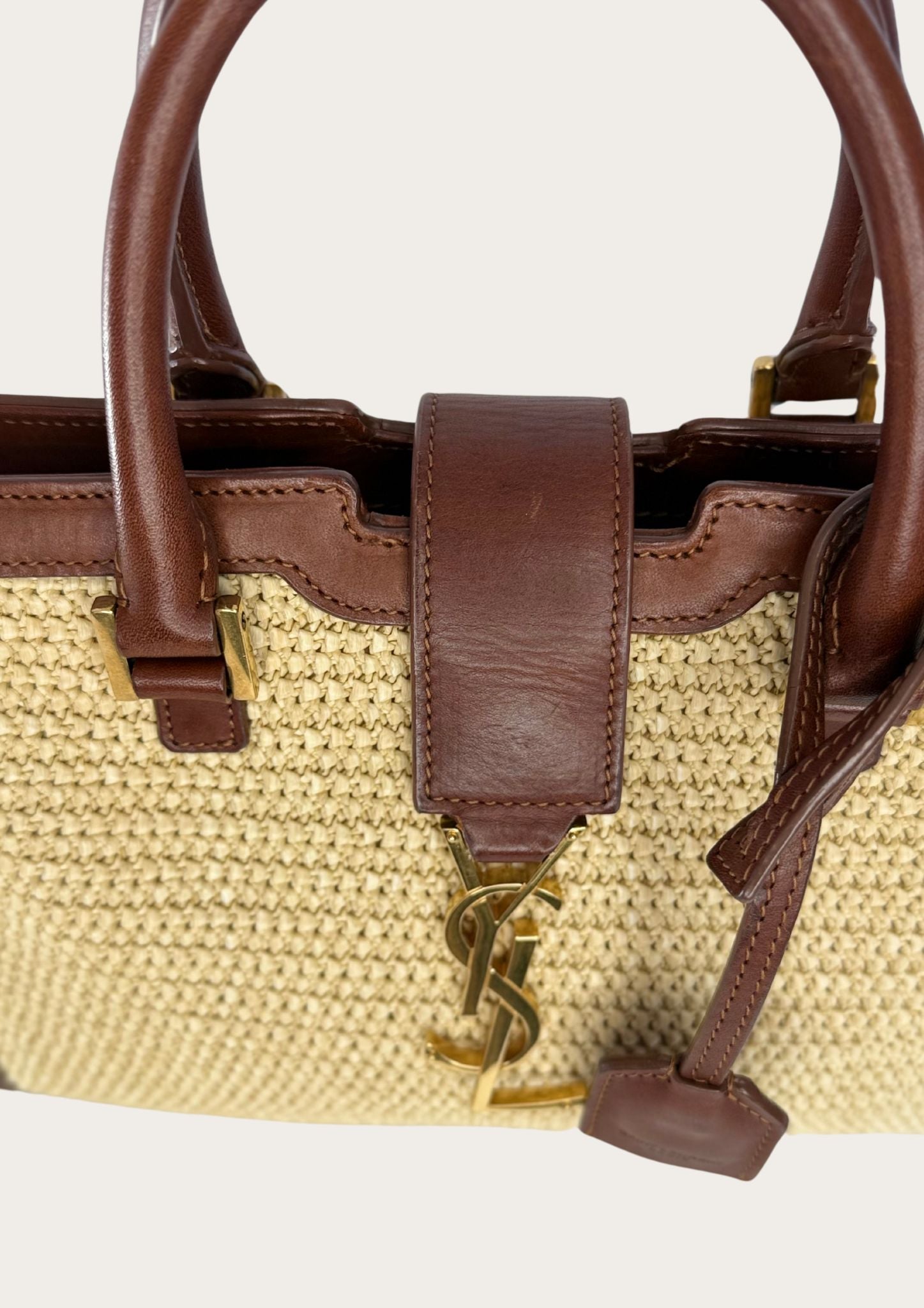 Authentic Saint Laurent Downtown Cabas Raffia bag with brown leather details 