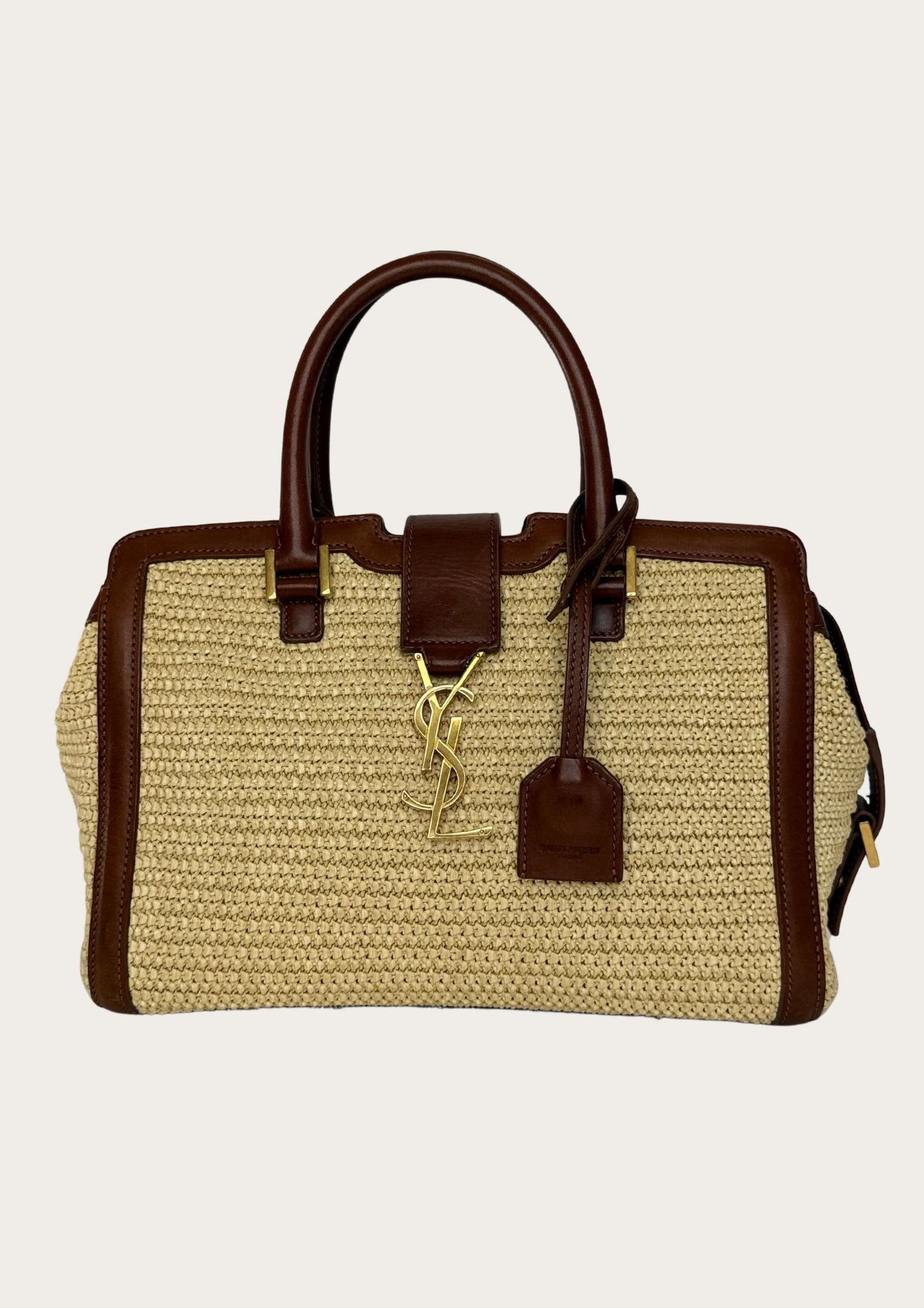Authentic Saint Laurent Downtown Cabas Raffia bag with brown leather details 