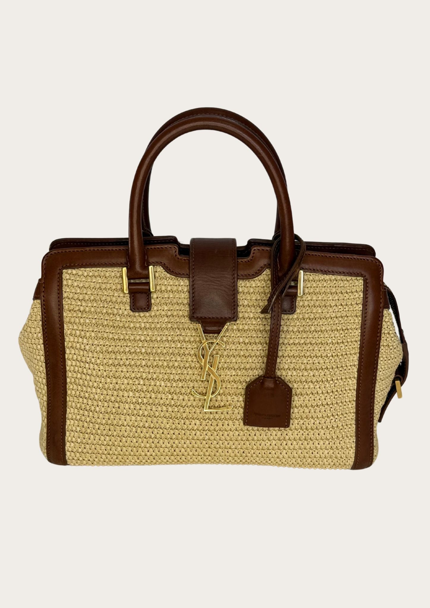 Authentic Saint Laurent Downtown Cabas Raffia bag with brown leather details 