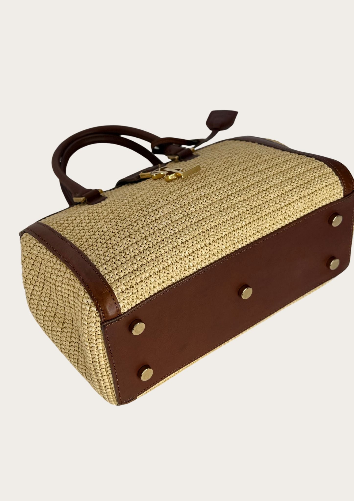 Authentic Saint Laurent Downtown Cabas Raffia bag with brown leather details 