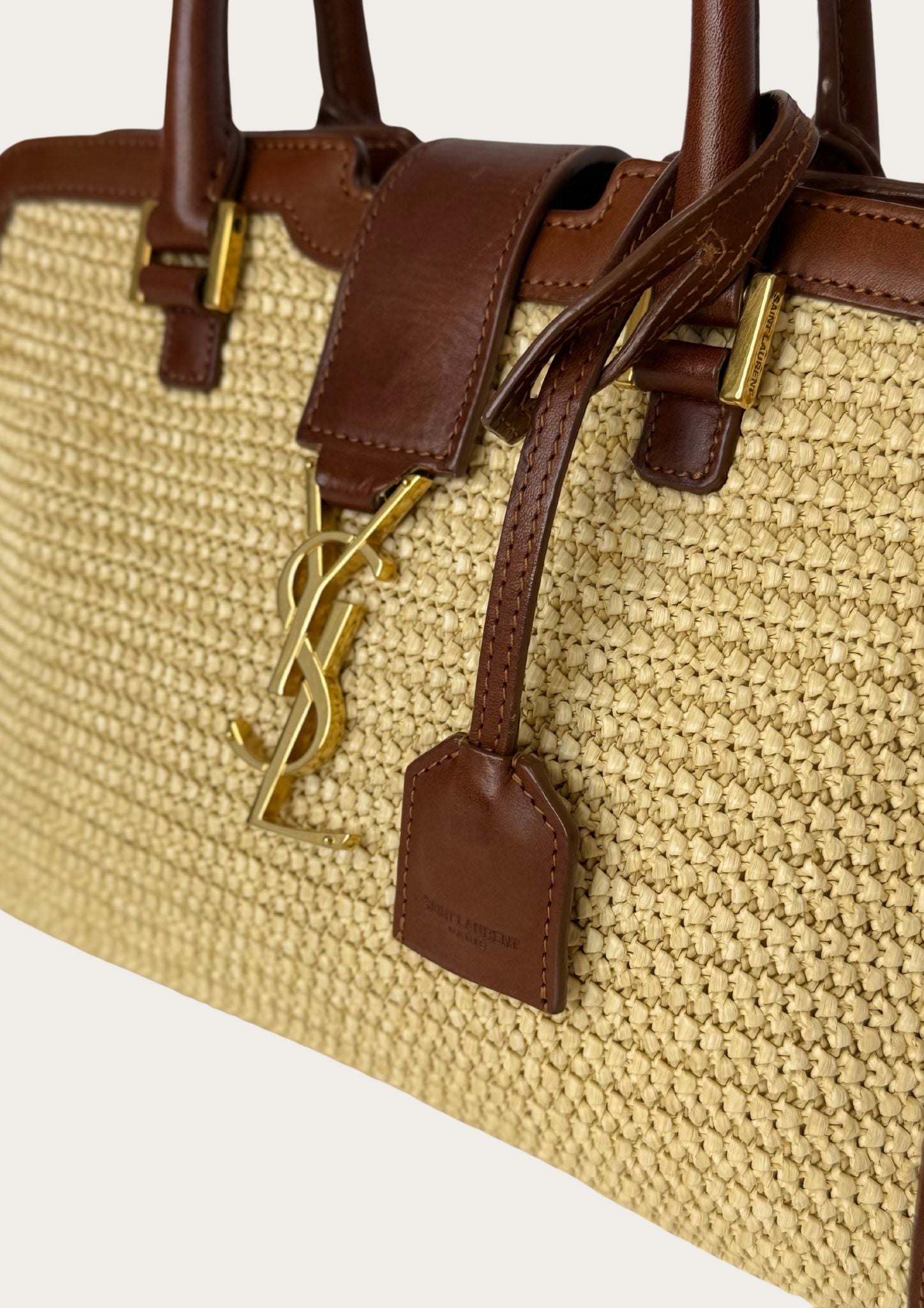Authentic Saint Laurent Downtown Cabas Raffia bag with brown leather details 