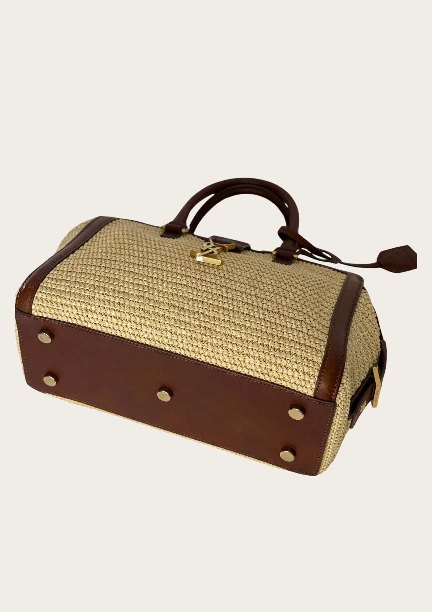 Authentic Saint Laurent Downtown Cabas Raffia bag with brown leather details 