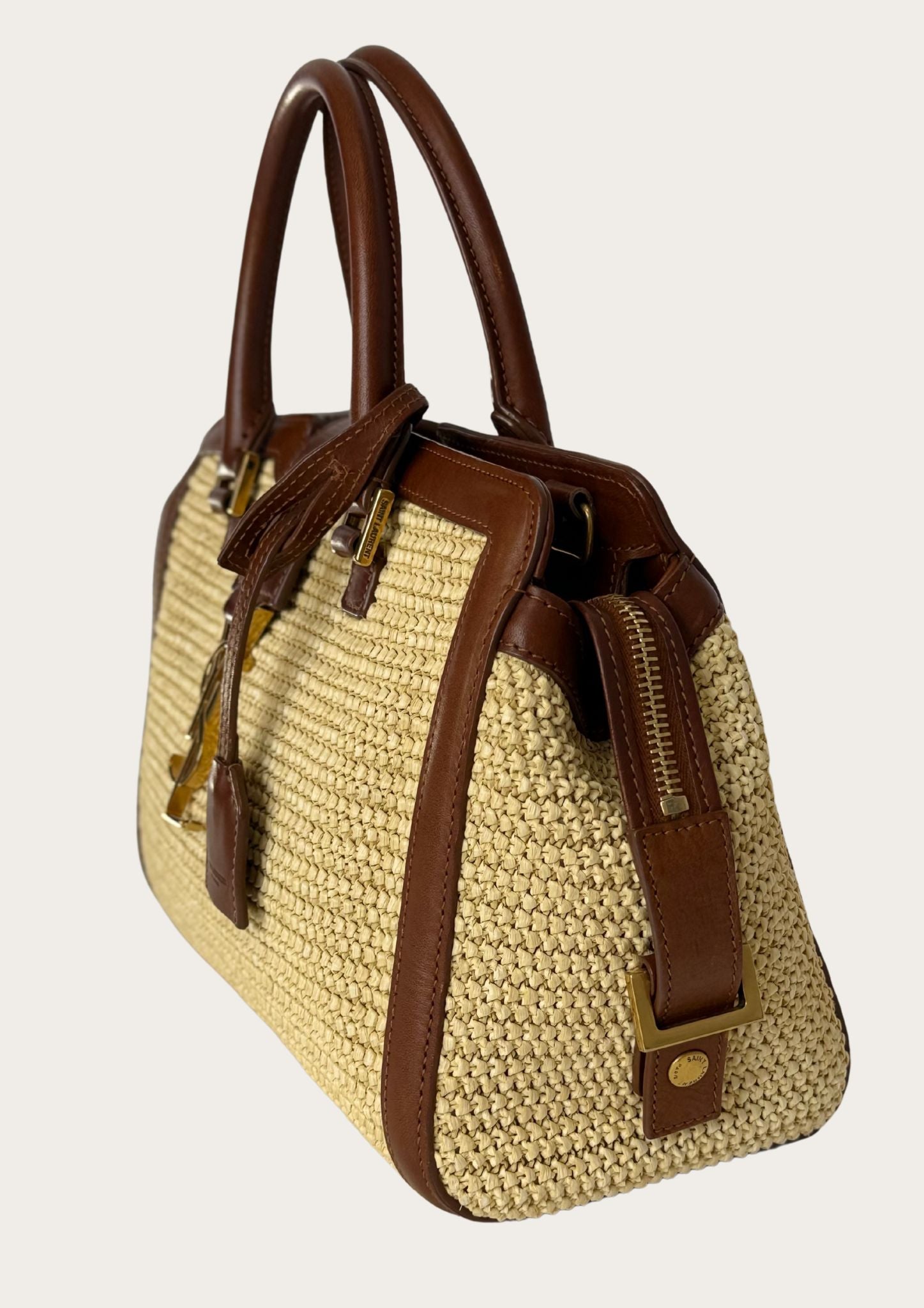 Authentic Saint Laurent Downtown Cabas Raffia bag with brown leather details 