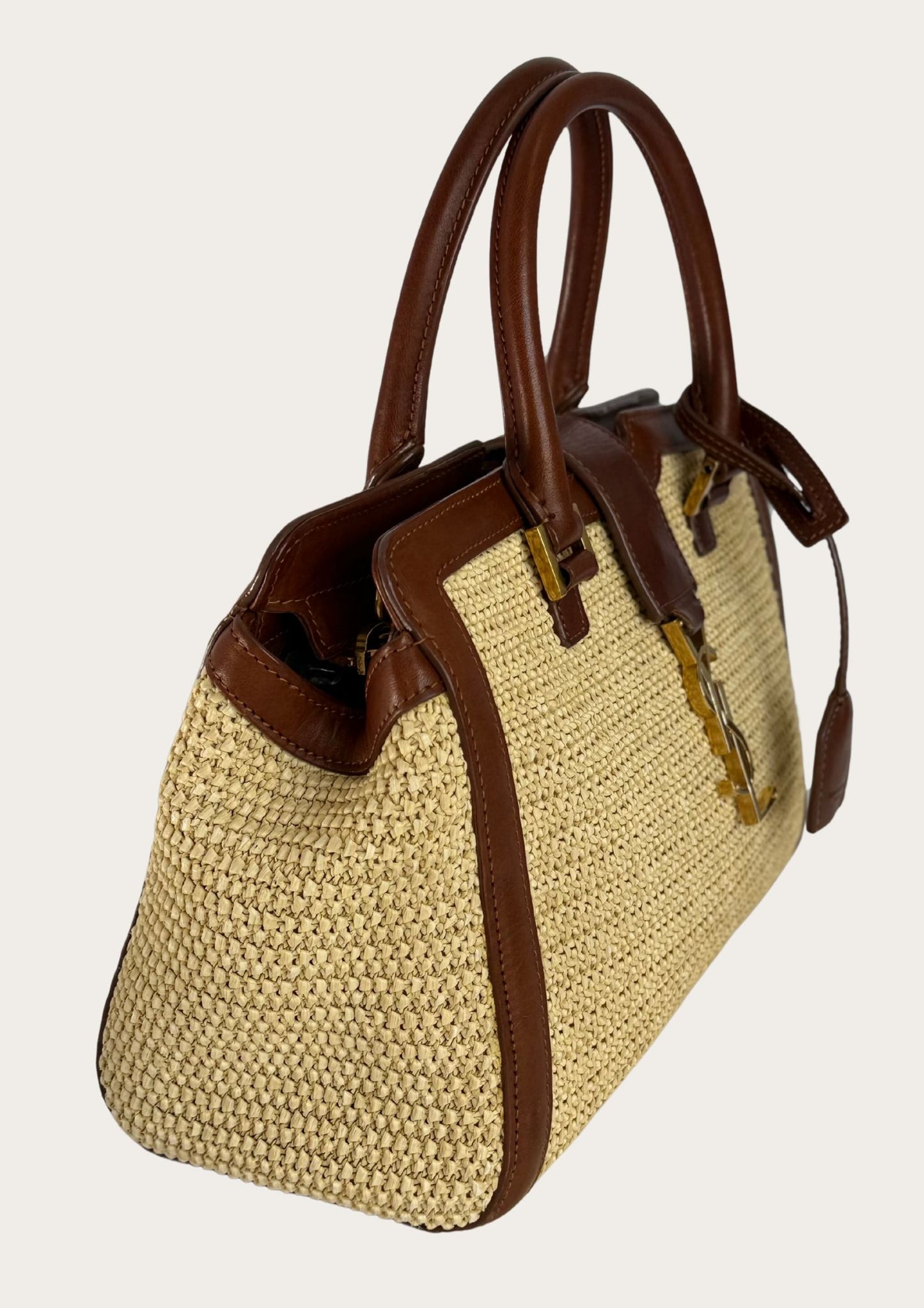 Authentic Saint Laurent Downtown Cabas Raffia bag with brown leather details 