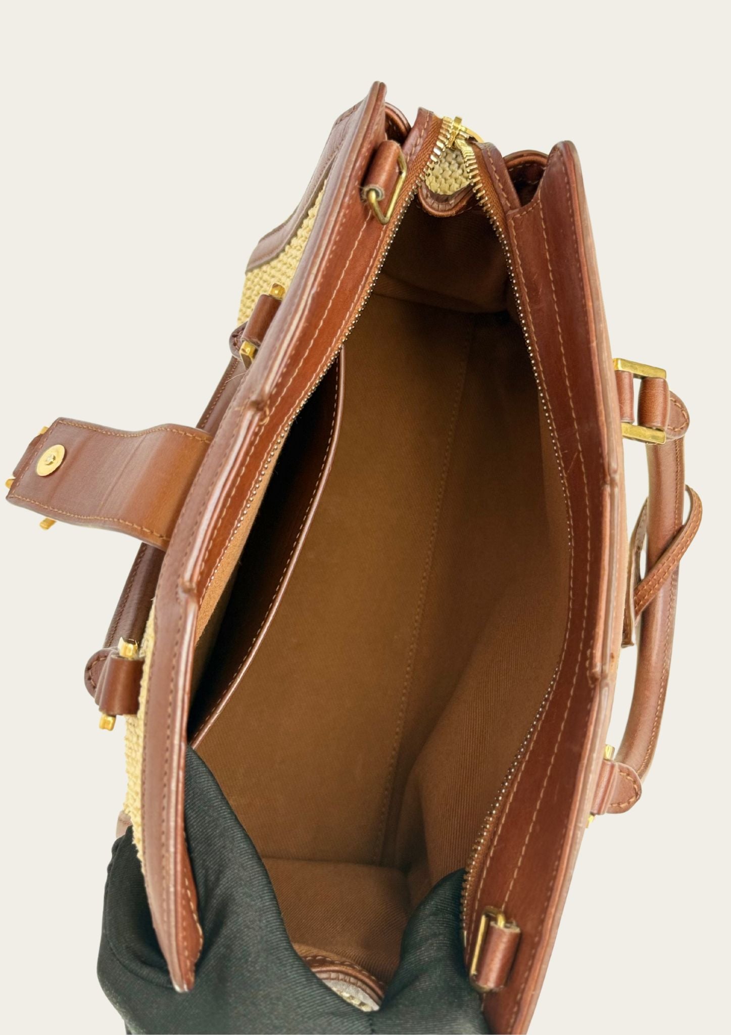 Authentic Saint Laurent Downtown Cabas Raffia bag with brown leather details 