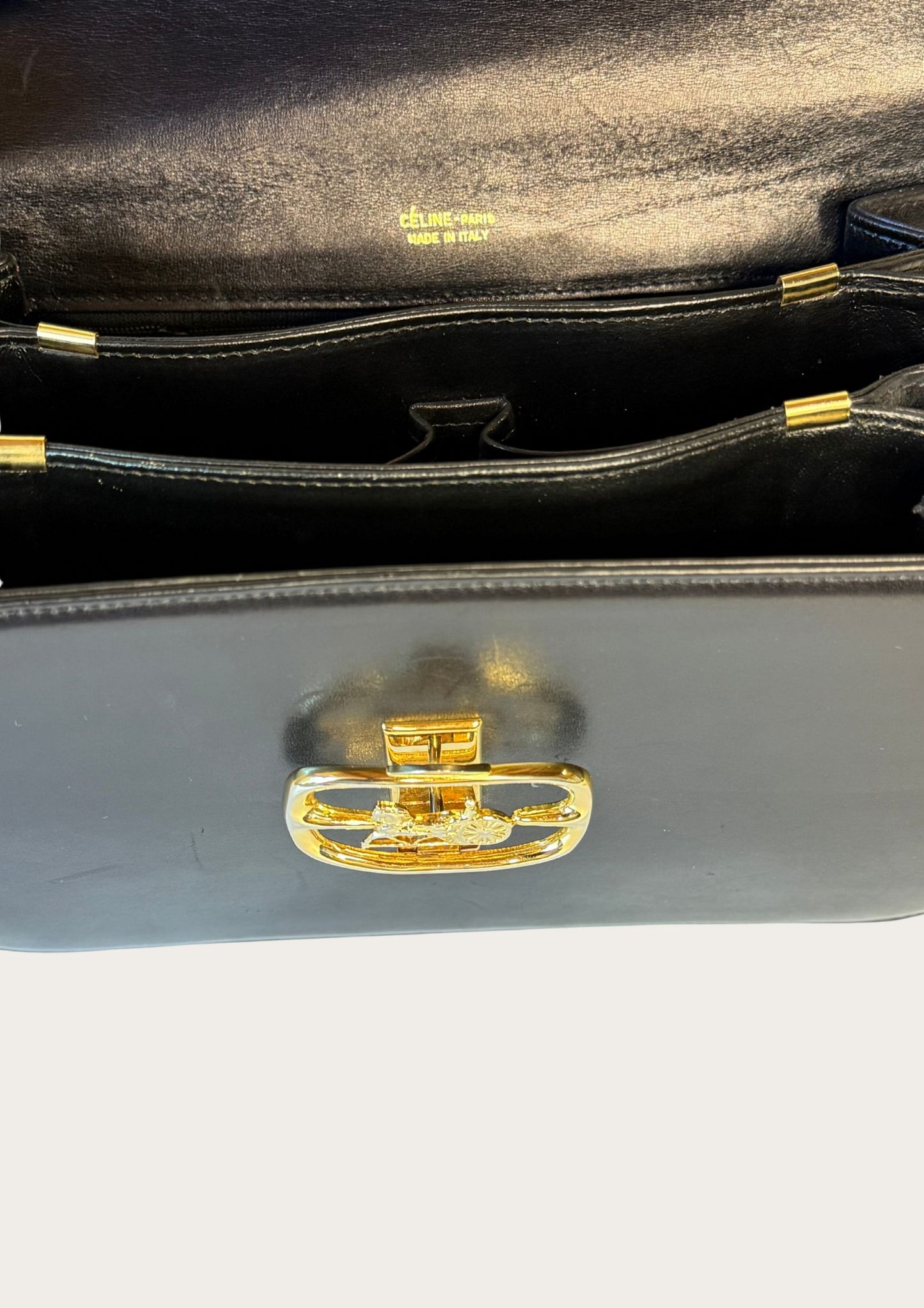 Vintage Celine Horse Carriage bag in black leather with golden details