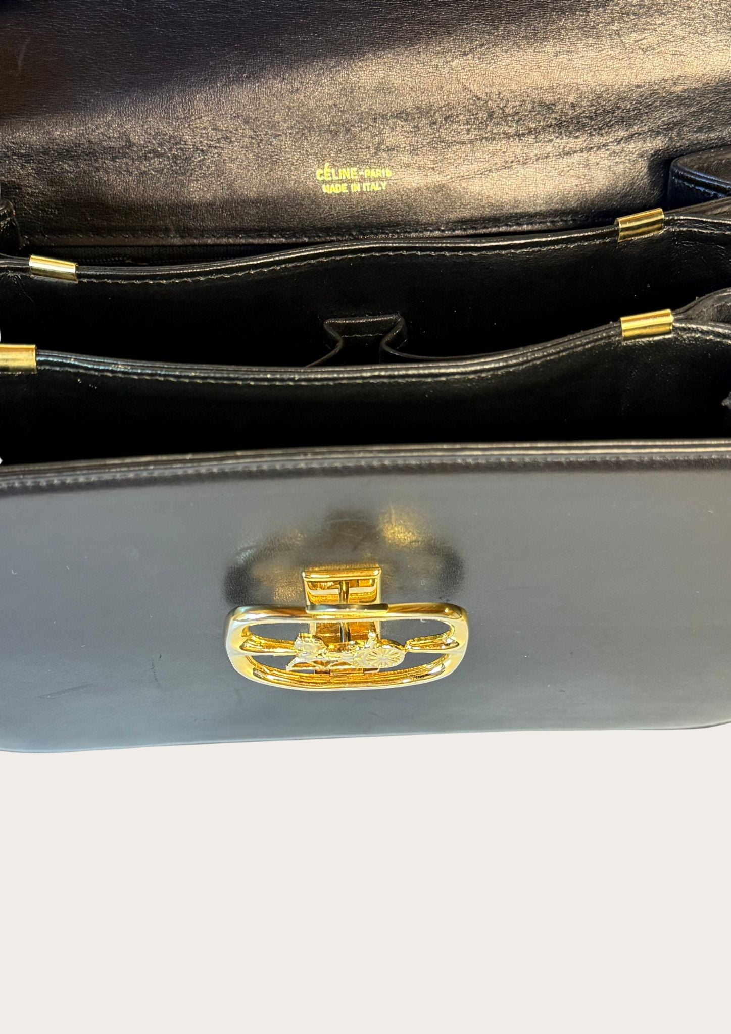 Vintage Celine Horse Carriage bag in black leather with golden details