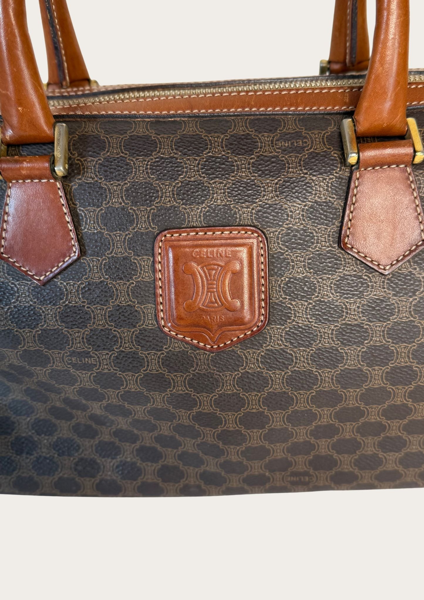 Authentic Celine Macadam Boston bag in PVC and leather details.