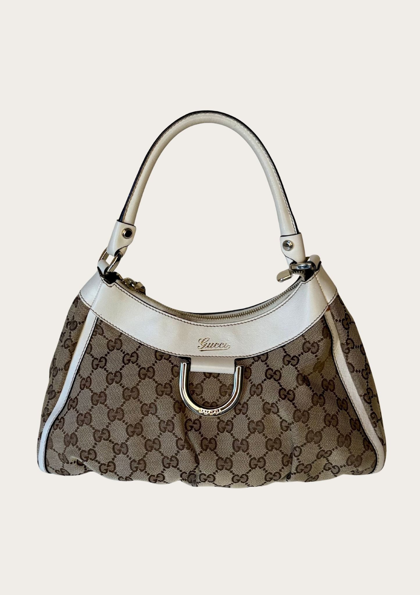 Gucci Abbey D-ring hobo bag in GG canvas and white leather details