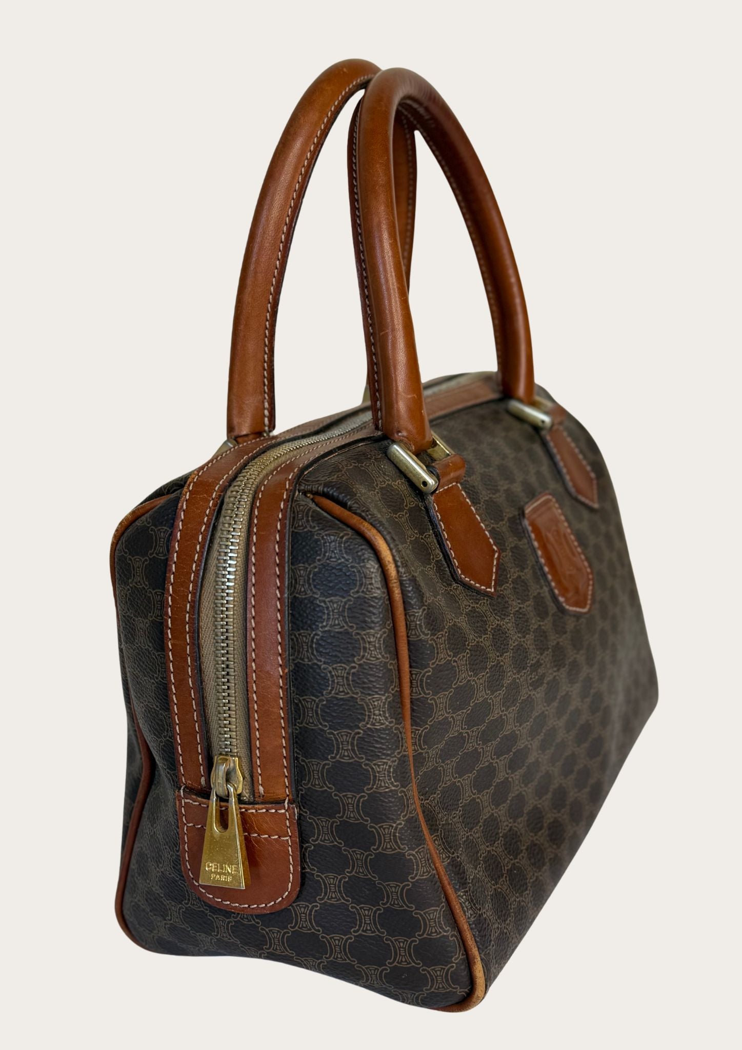 Authentic Celine Macadam Boston bag in PVC and leather details.