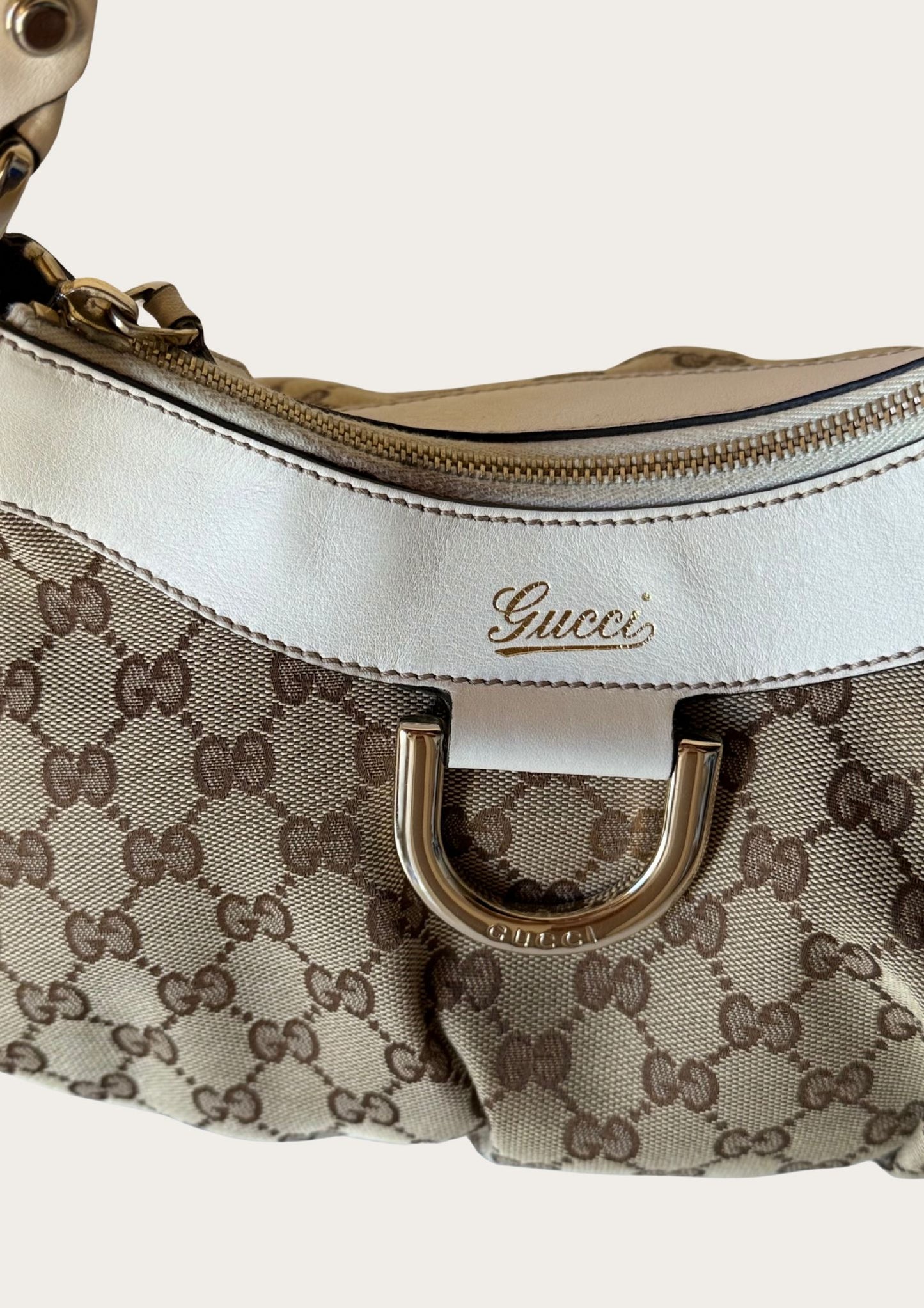 Gucci Abbey D-ring hobo bag in GG canvas and white leather details