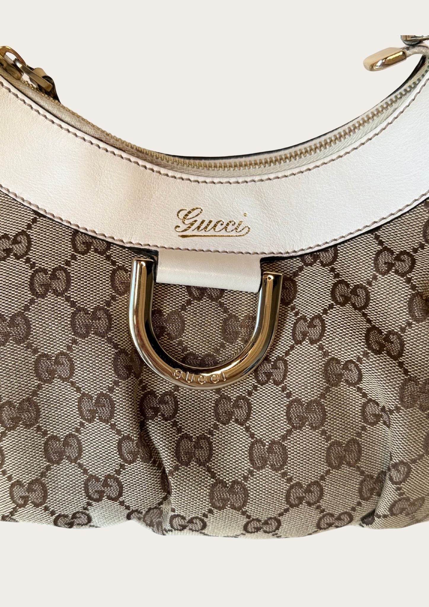 Gucci Abbey D-ring hobo bag in GG canvas and white leather details