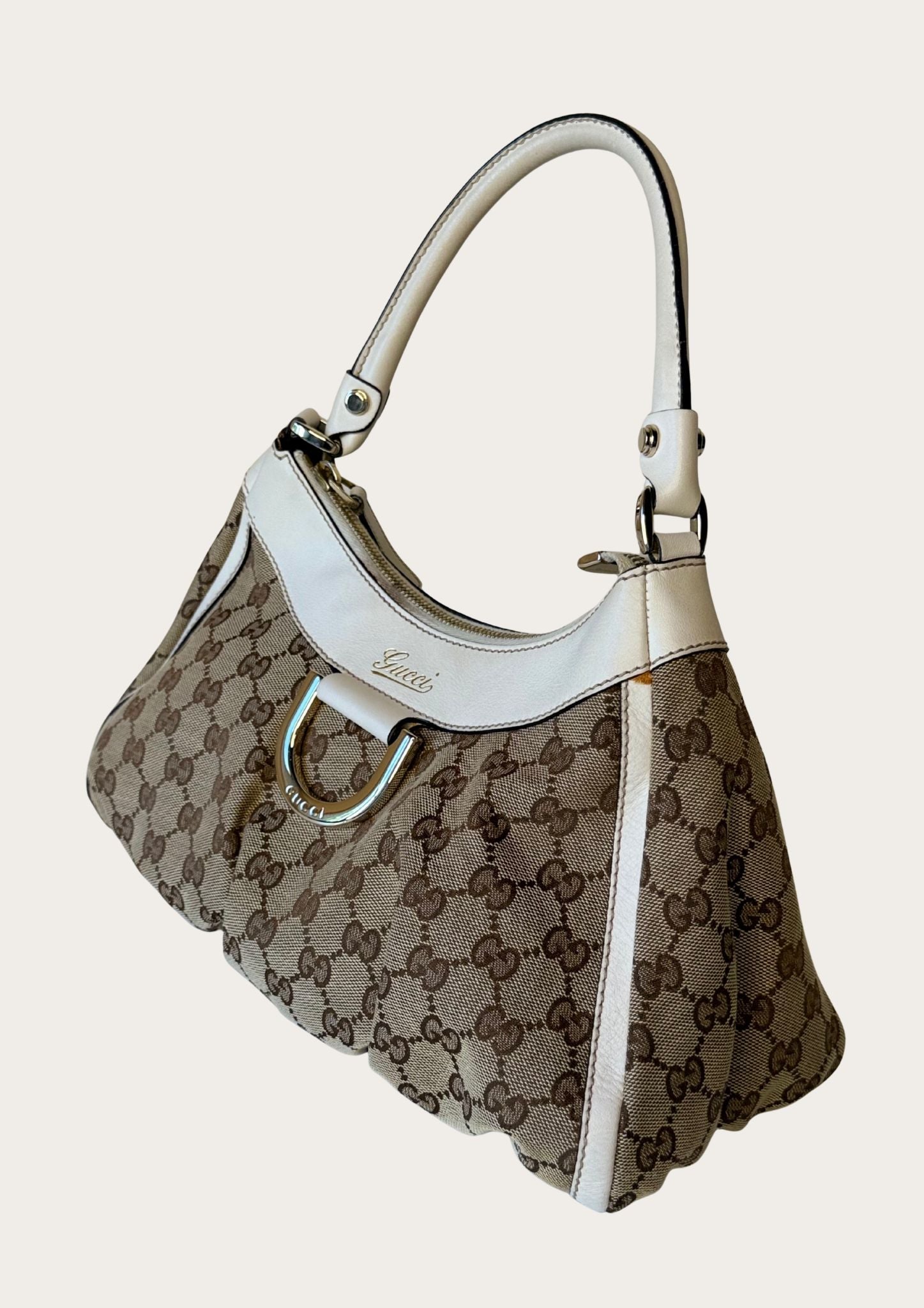 Gucci Abbey D-ring hobo bag in GG canvas and white leather details