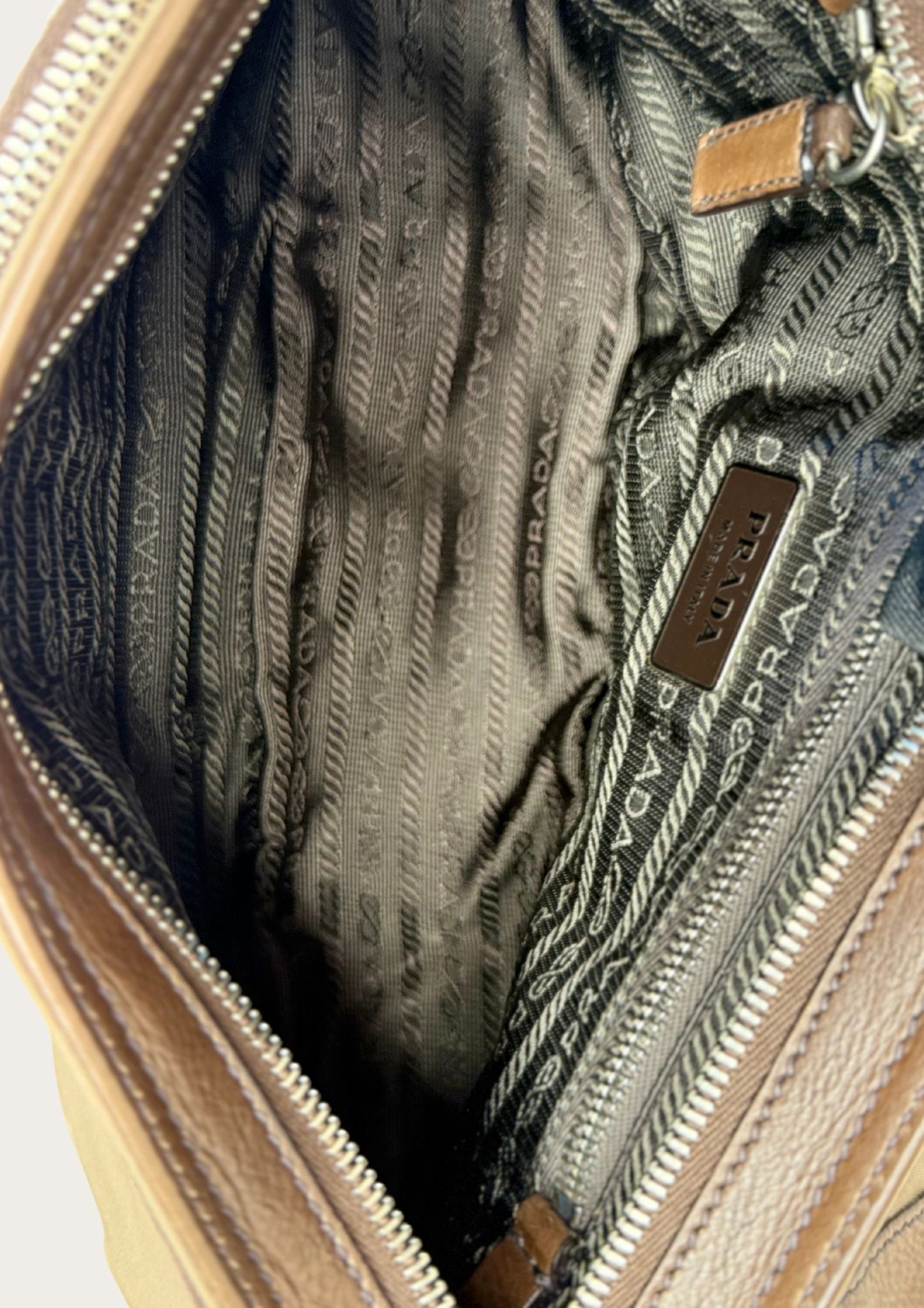 Authentic Prada nylon and leather buckle shoulder bag in green and brown 