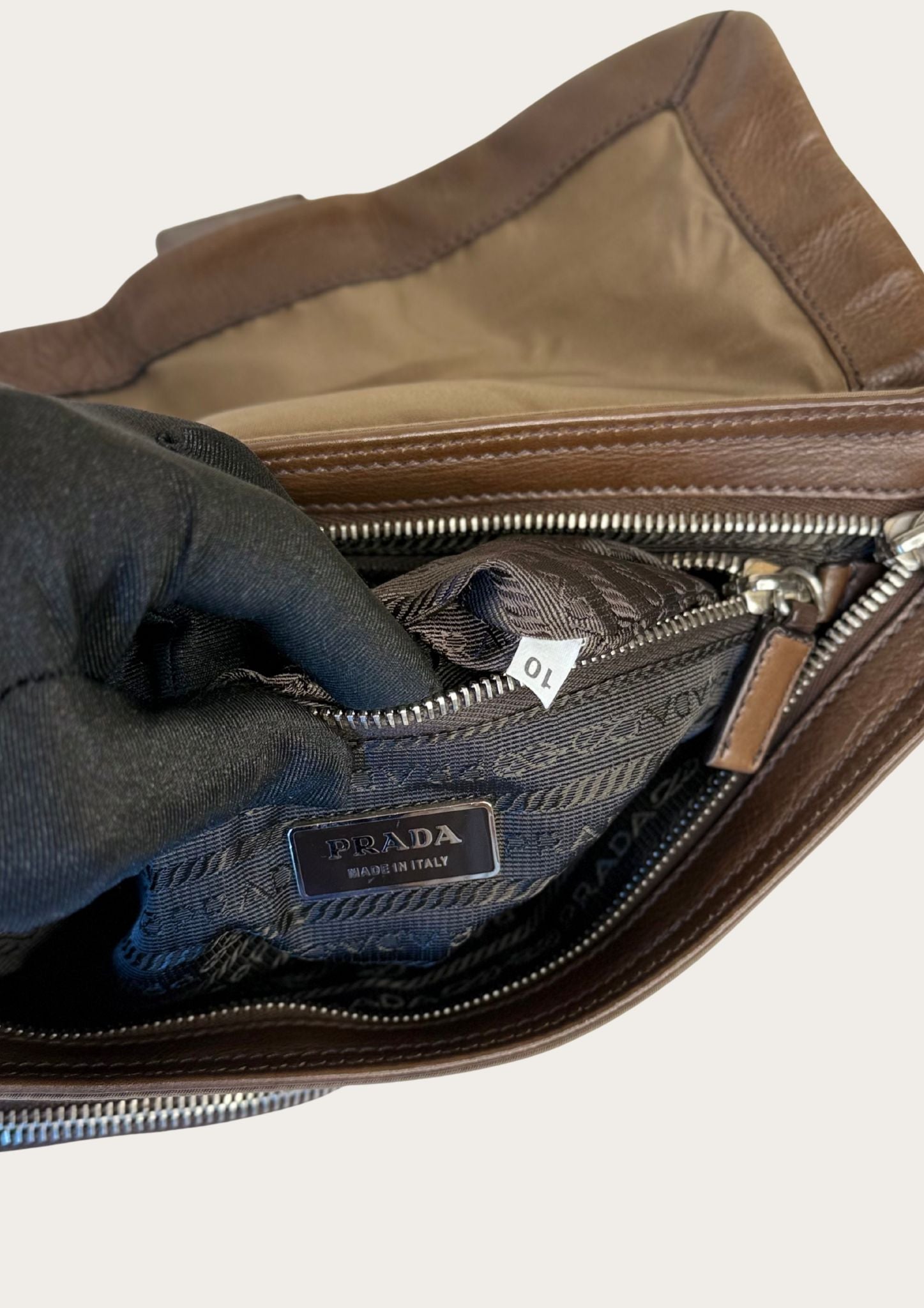 Authentic Prada nylon and leather buckle shoulder bag in green and brown 