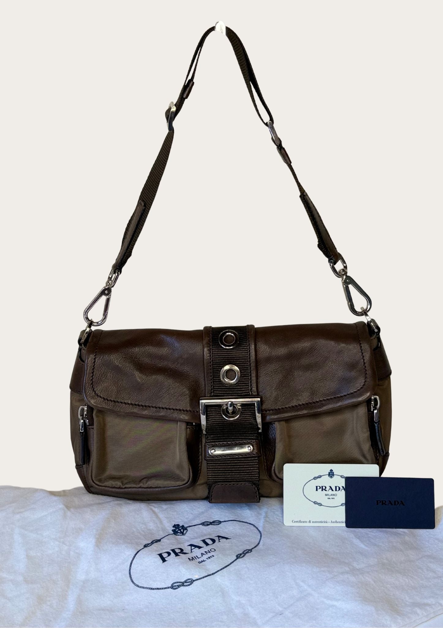 Authentic Prada nylon and leather buckle shoulder bag in green and brown 