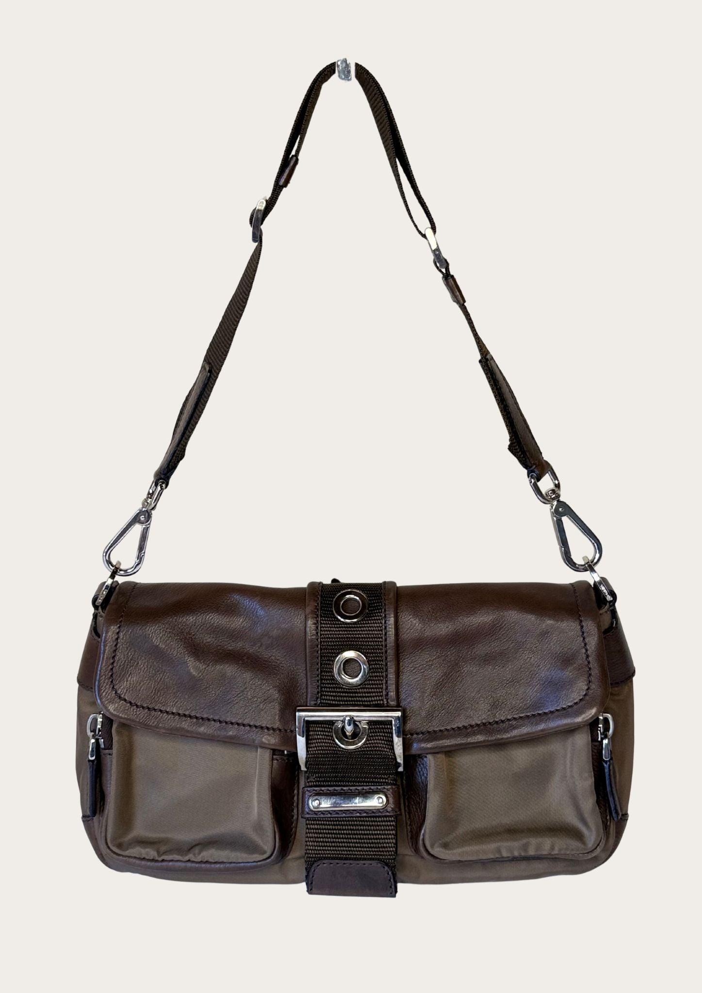 Authentic Prada nylon and leather buckle shoulder bag in green and brown 