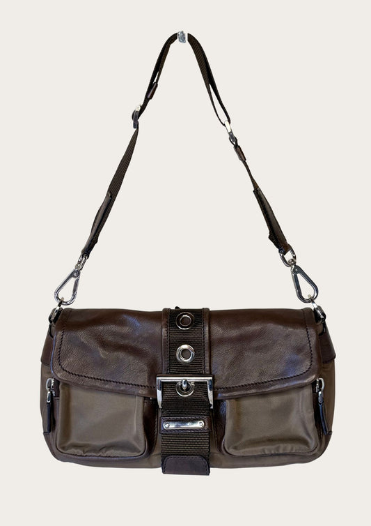 Authentic Prada nylon and leather buckle shoulder bag in green and brown 