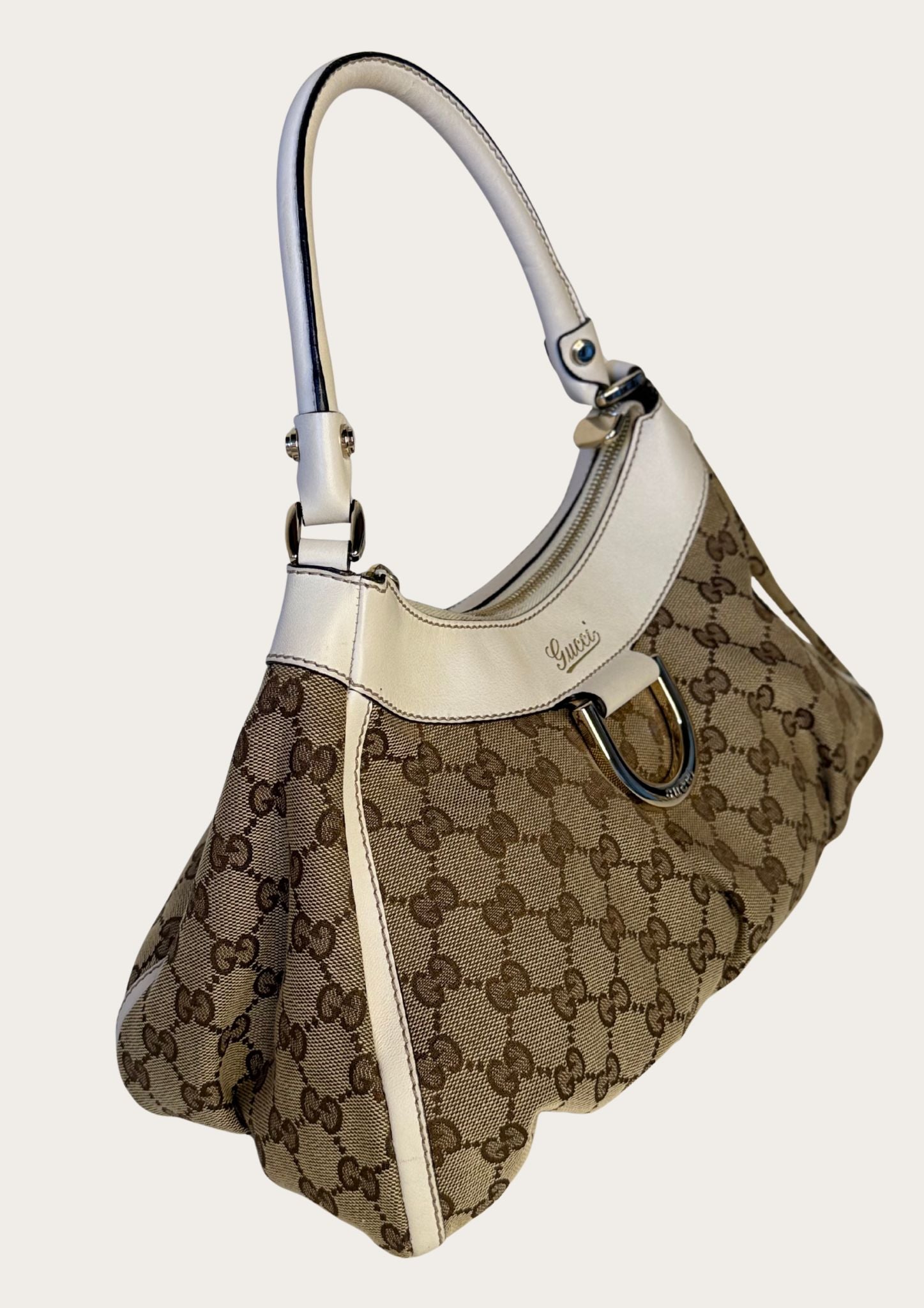 Gucci Abbey D-ring hobo bag in GG canvas and white leather details