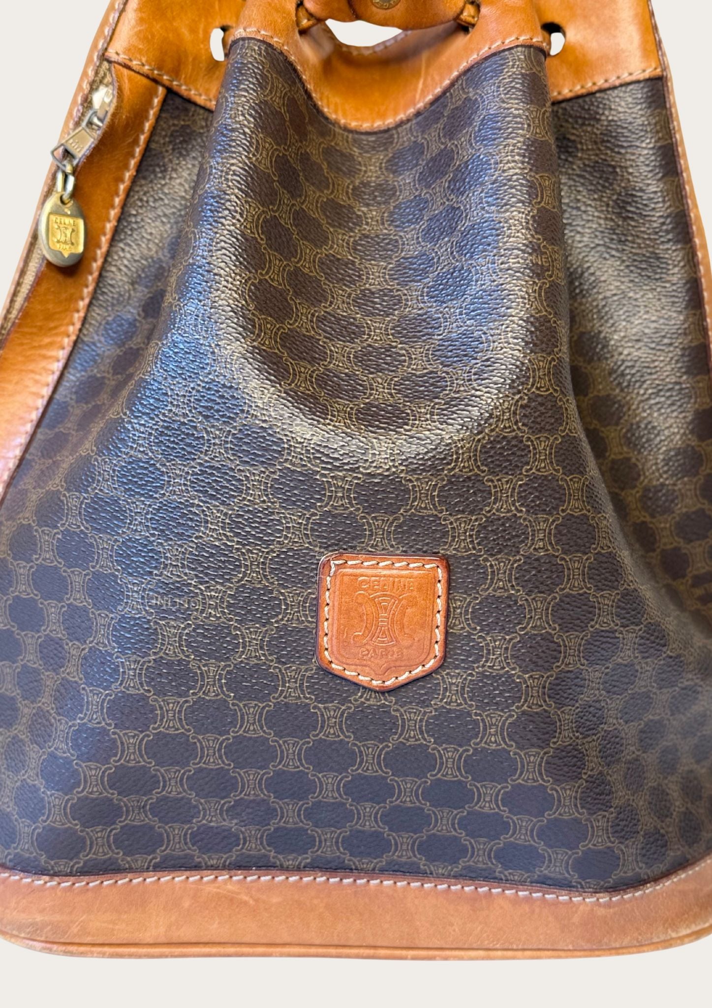 Genuine Celine bucket bag in macadam pattern with leather details