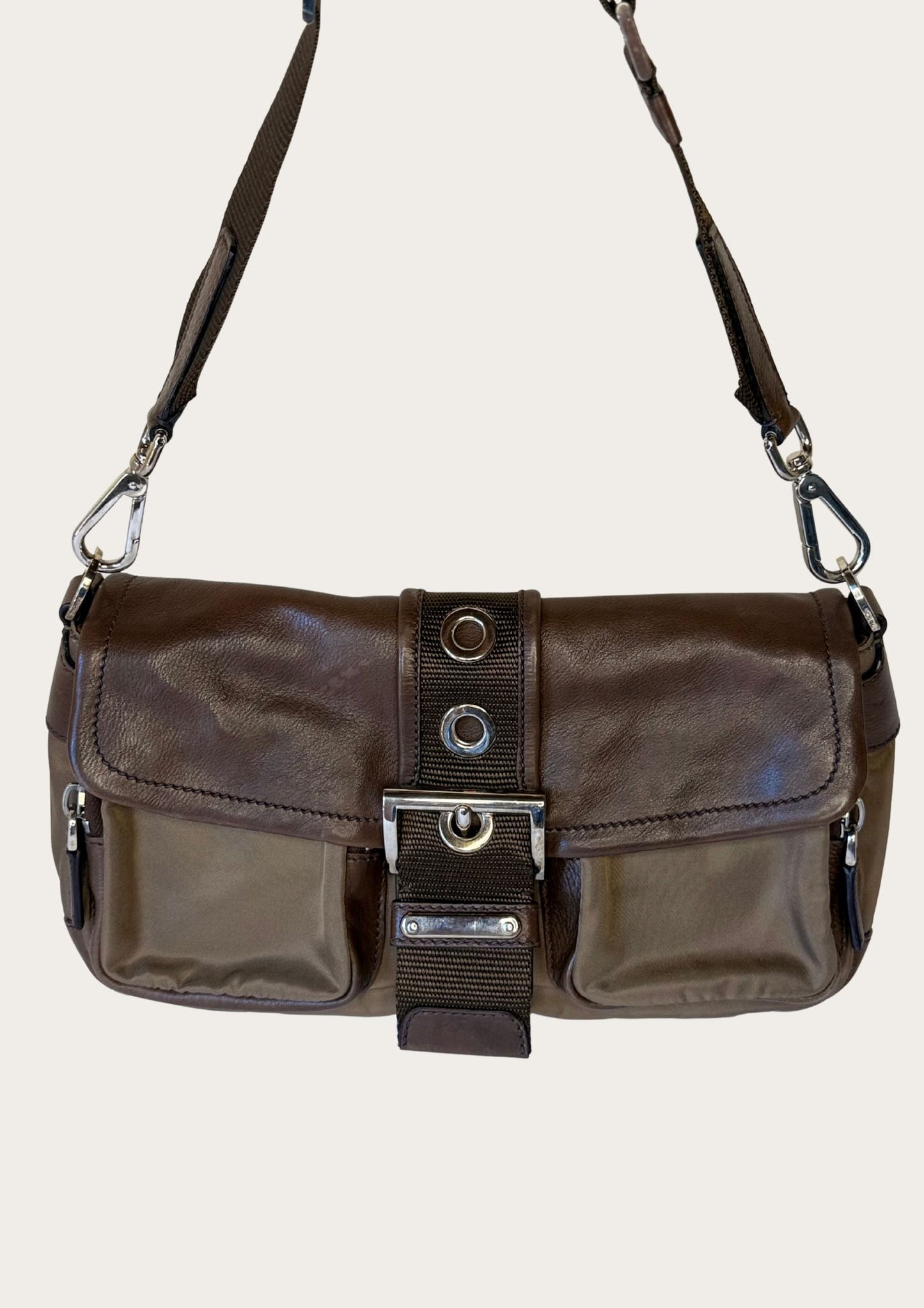 Authentic Prada nylon and leather buckle shoulder bag in green and brown 