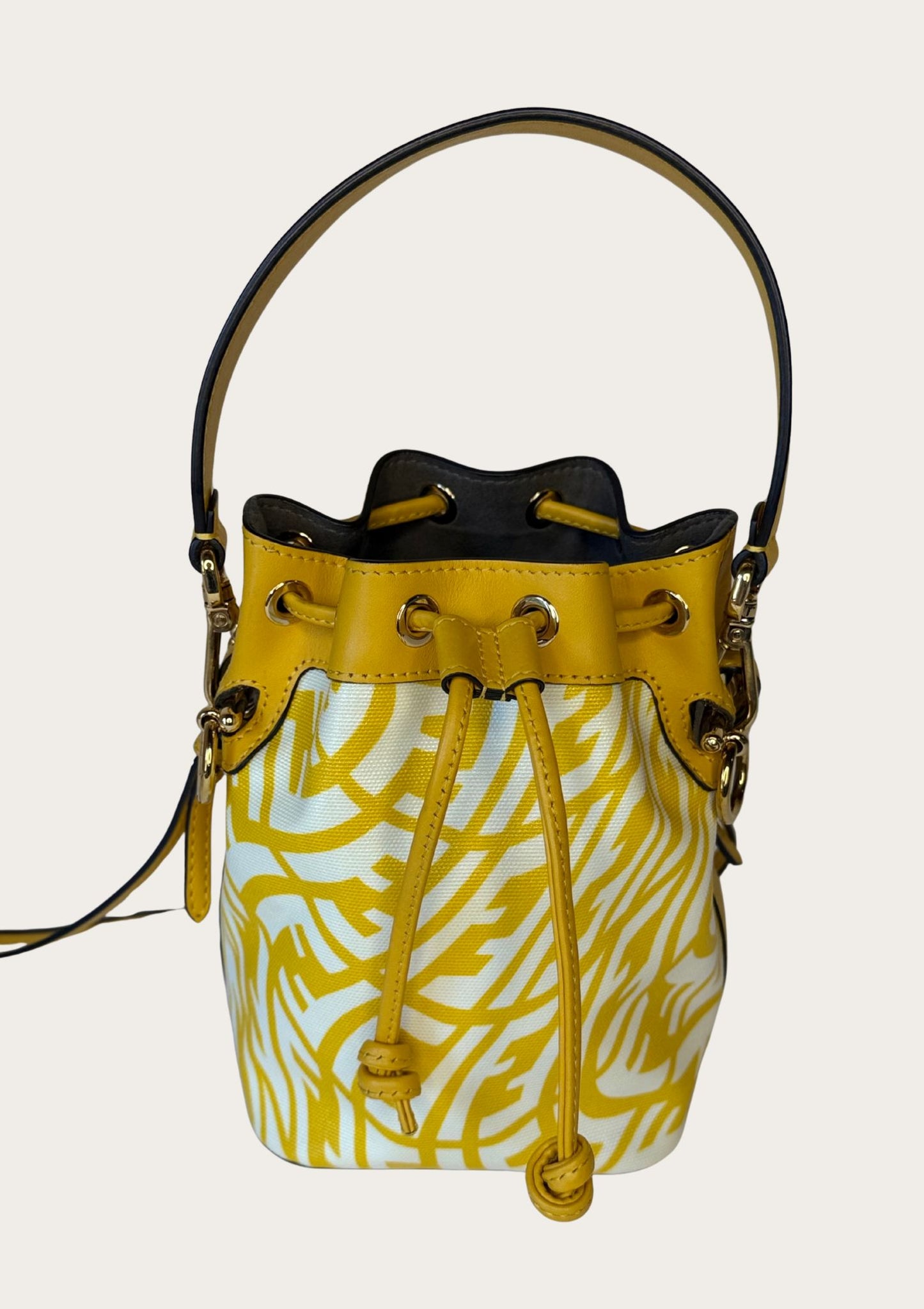 Genuine Fendi Mon Trésor Mini Bucket Bag in yellow and white canvas and leather