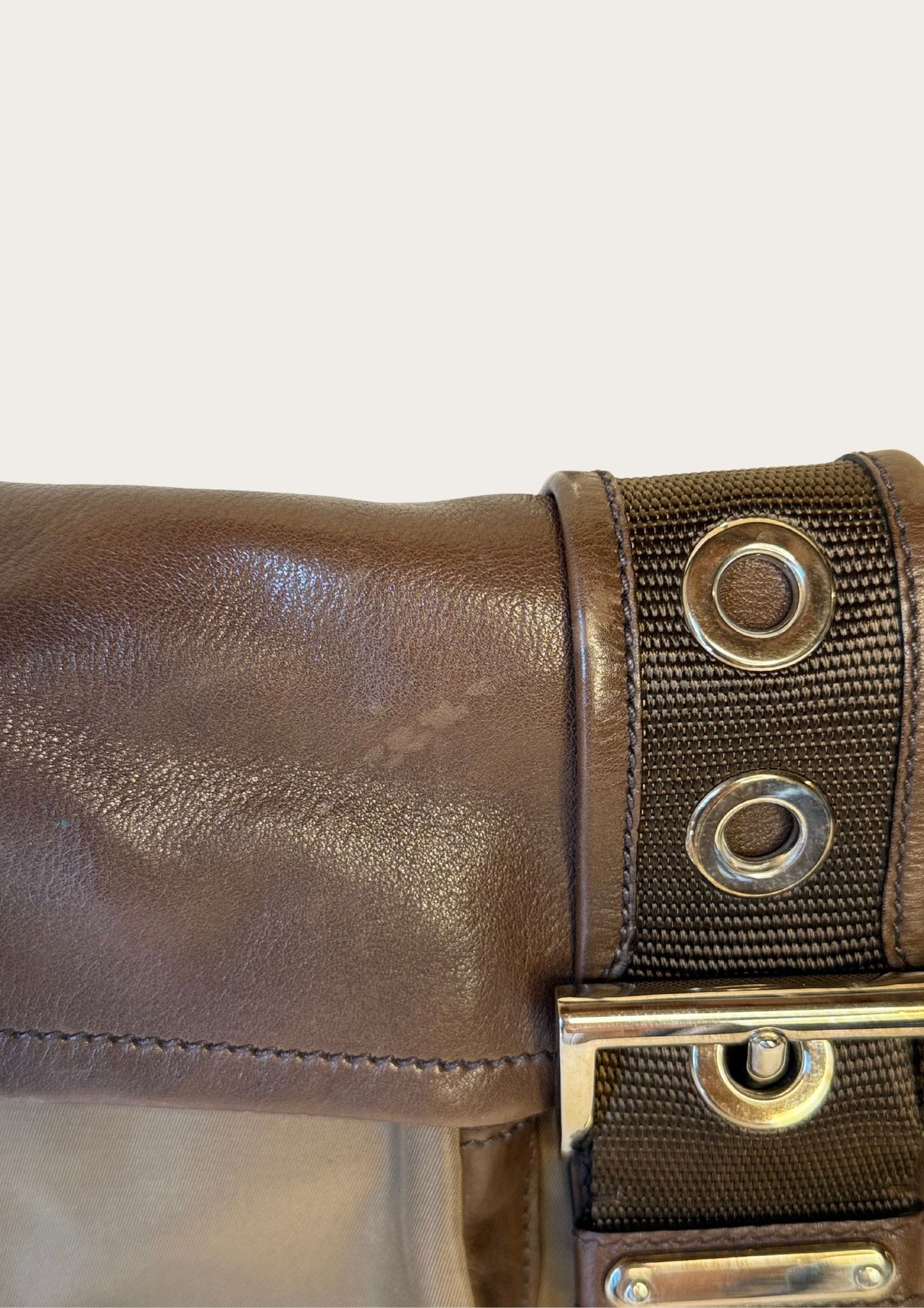 Authentic Prada nylon and leather buckle shoulder bag in green and brown 