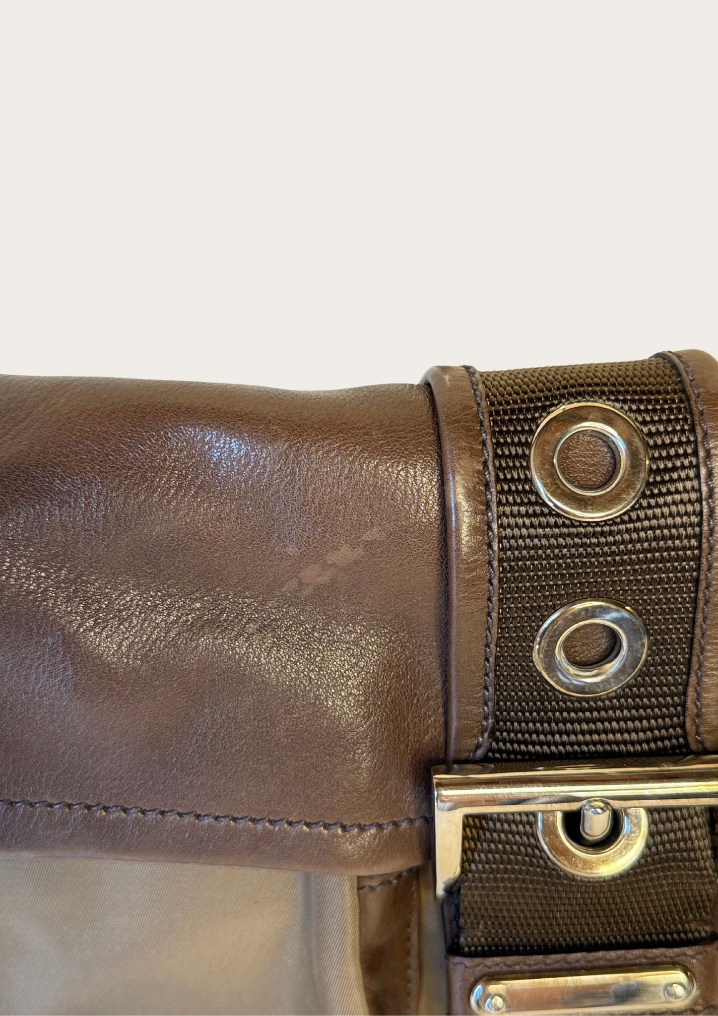 Authentic Prada nylon and leather buckle shoulder bag in green and brown 