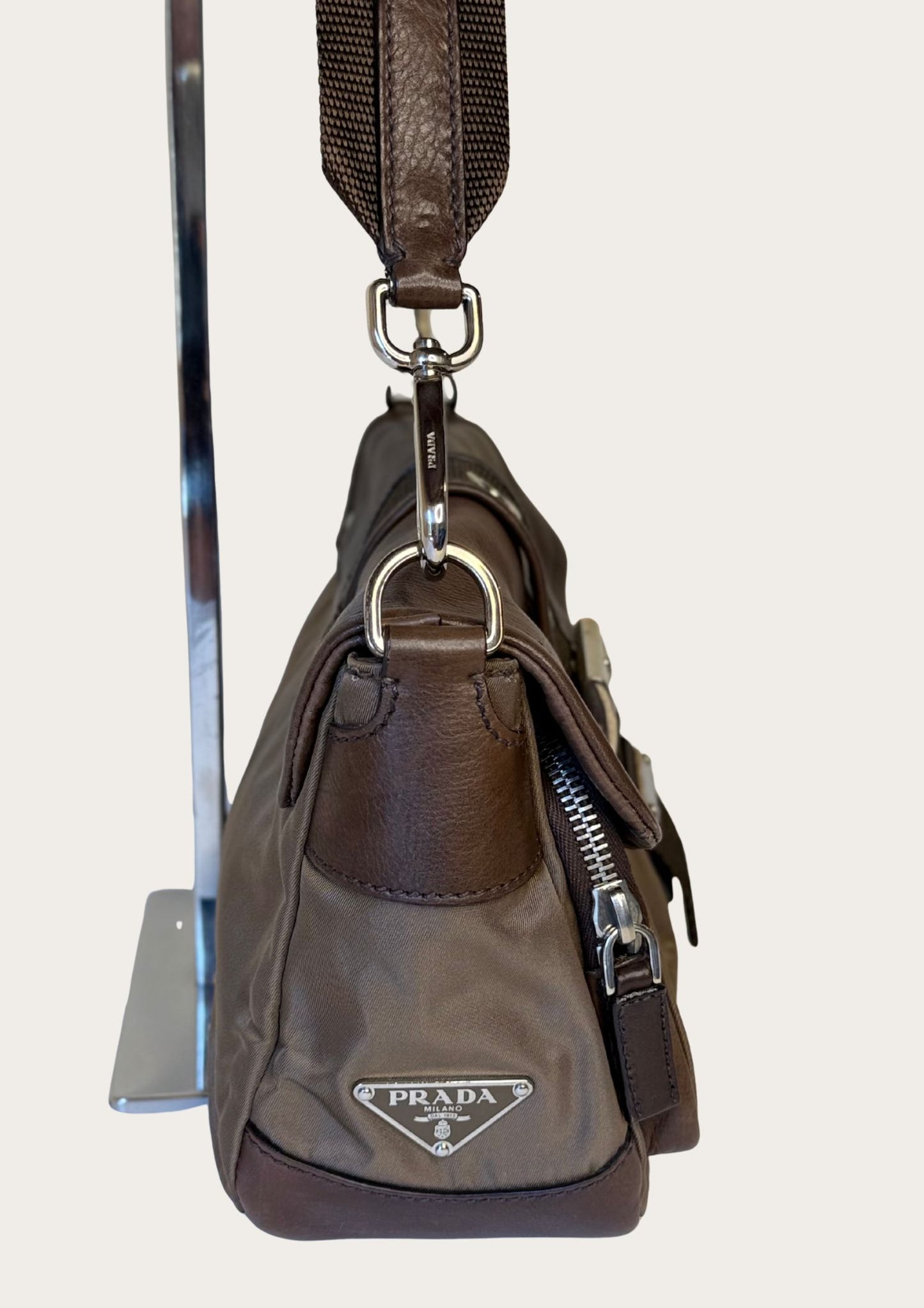 Authentic Prada nylon and leather buckle shoulder bag in green and brown 