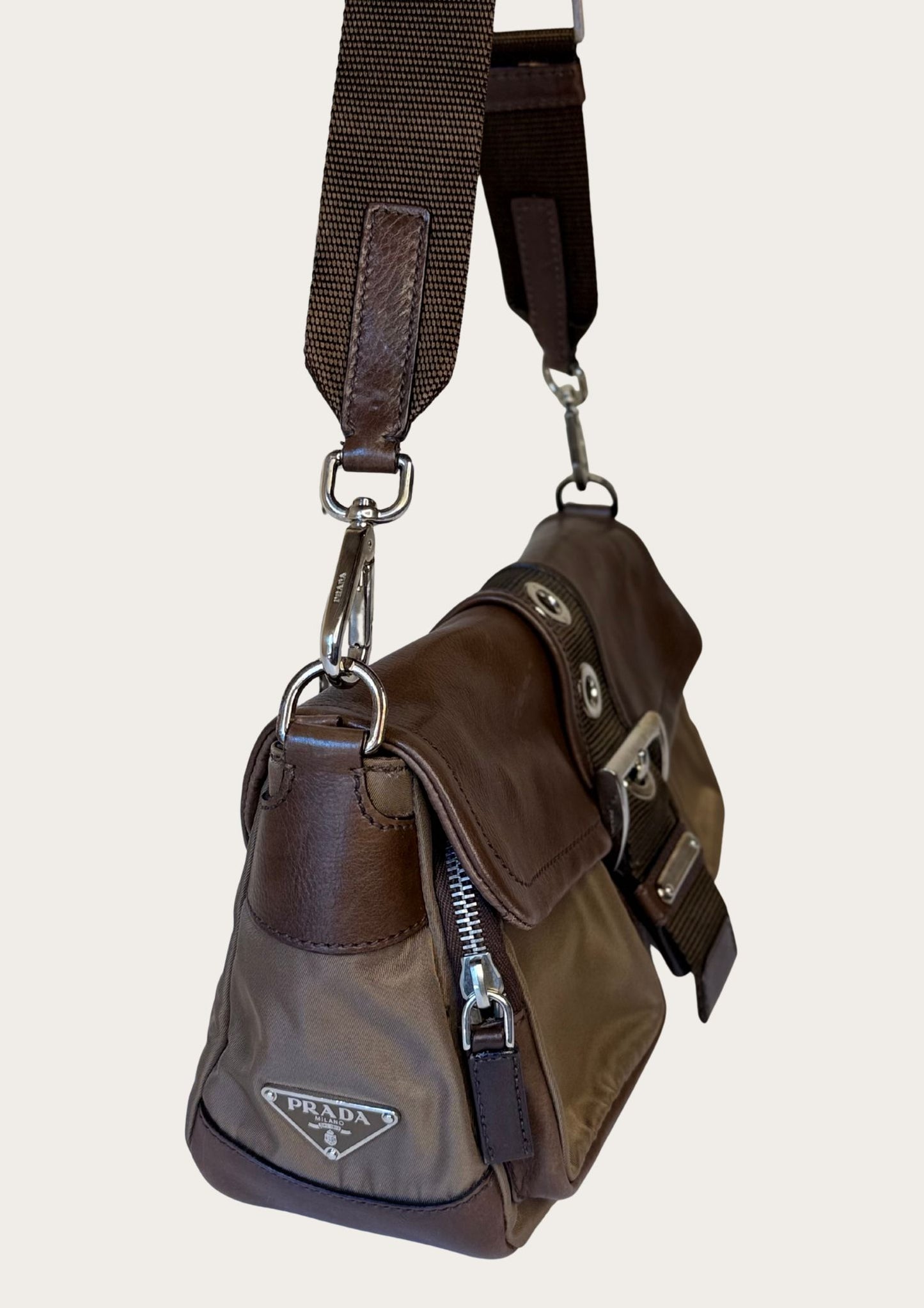 Authentic Prada nylon and leather buckle shoulder bag in green and brown 