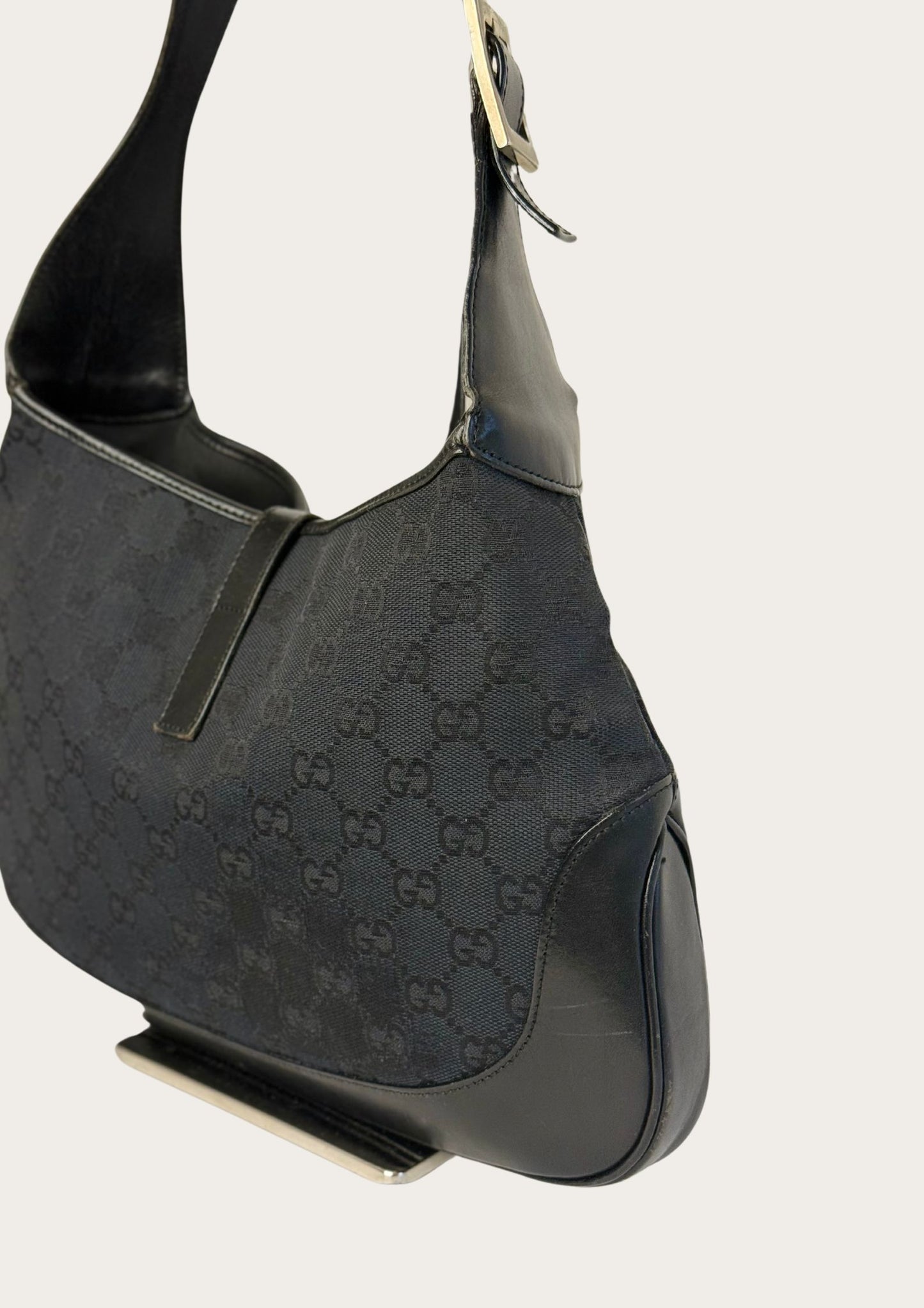 Back side of Vintage Gucci Jackie shoulder bag GG pattern, genuine