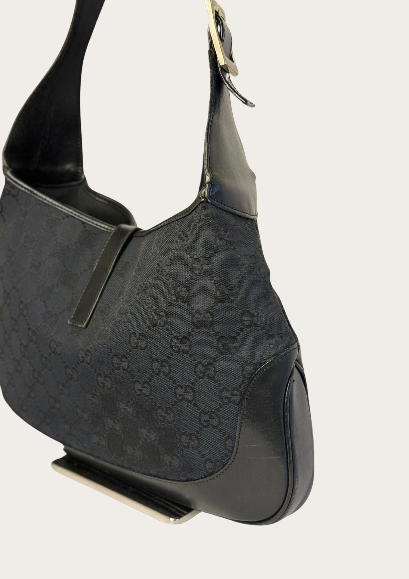 Back side of Vintage Gucci Jackie shoulder bag GG pattern, genuine