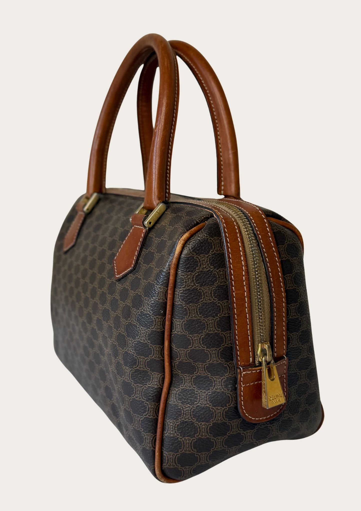 Authentic Celine Macadam Boston bag in PVC and leather details.