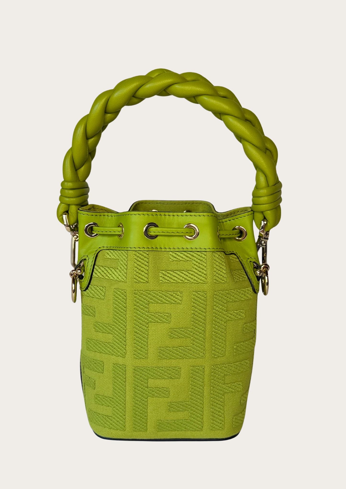 Authentic Fendi Mon Trésor Mini Bucket Bag in green canvas with leather details