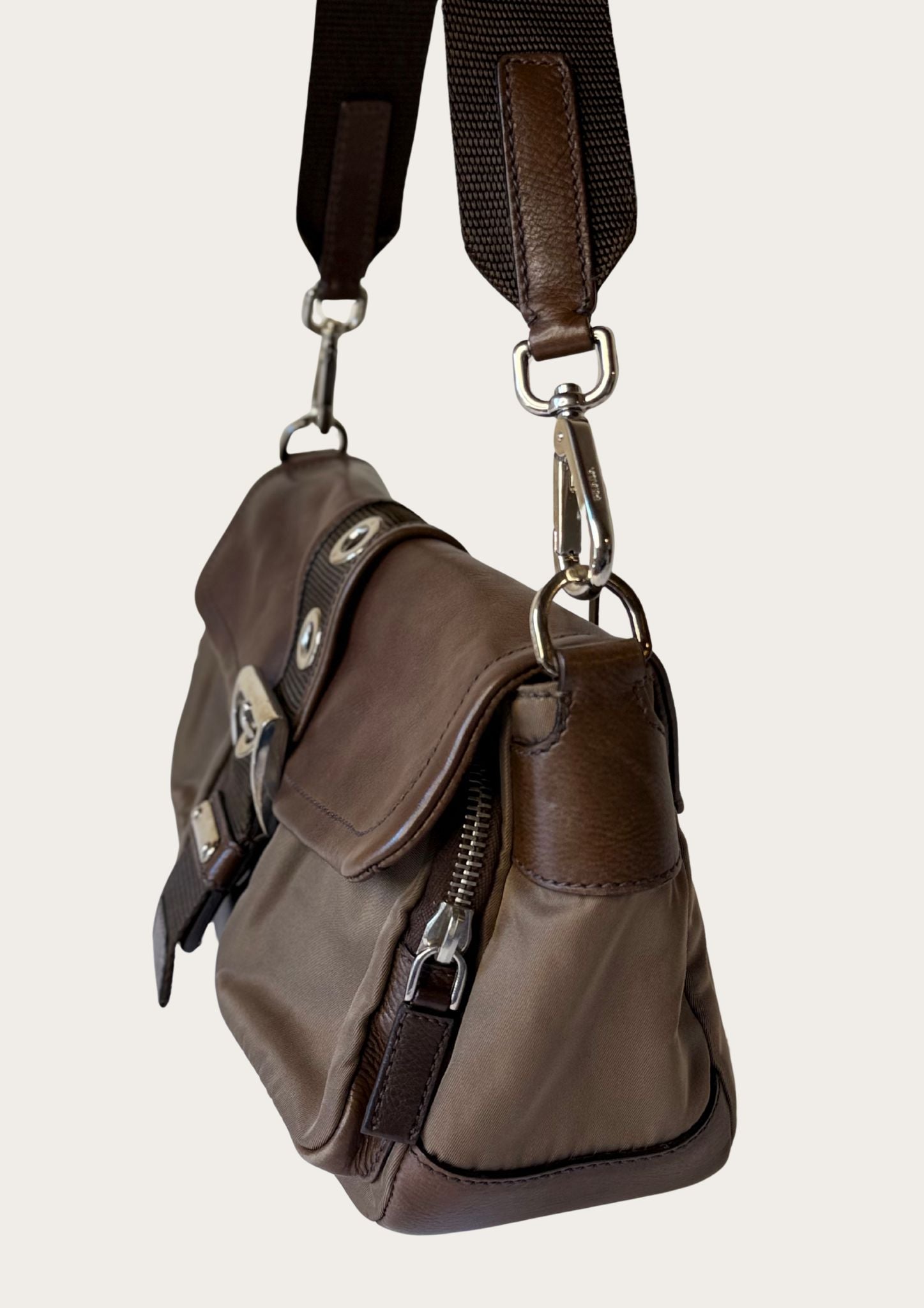 Authentic Prada nylon and leather buckle shoulder bag in green and brown 