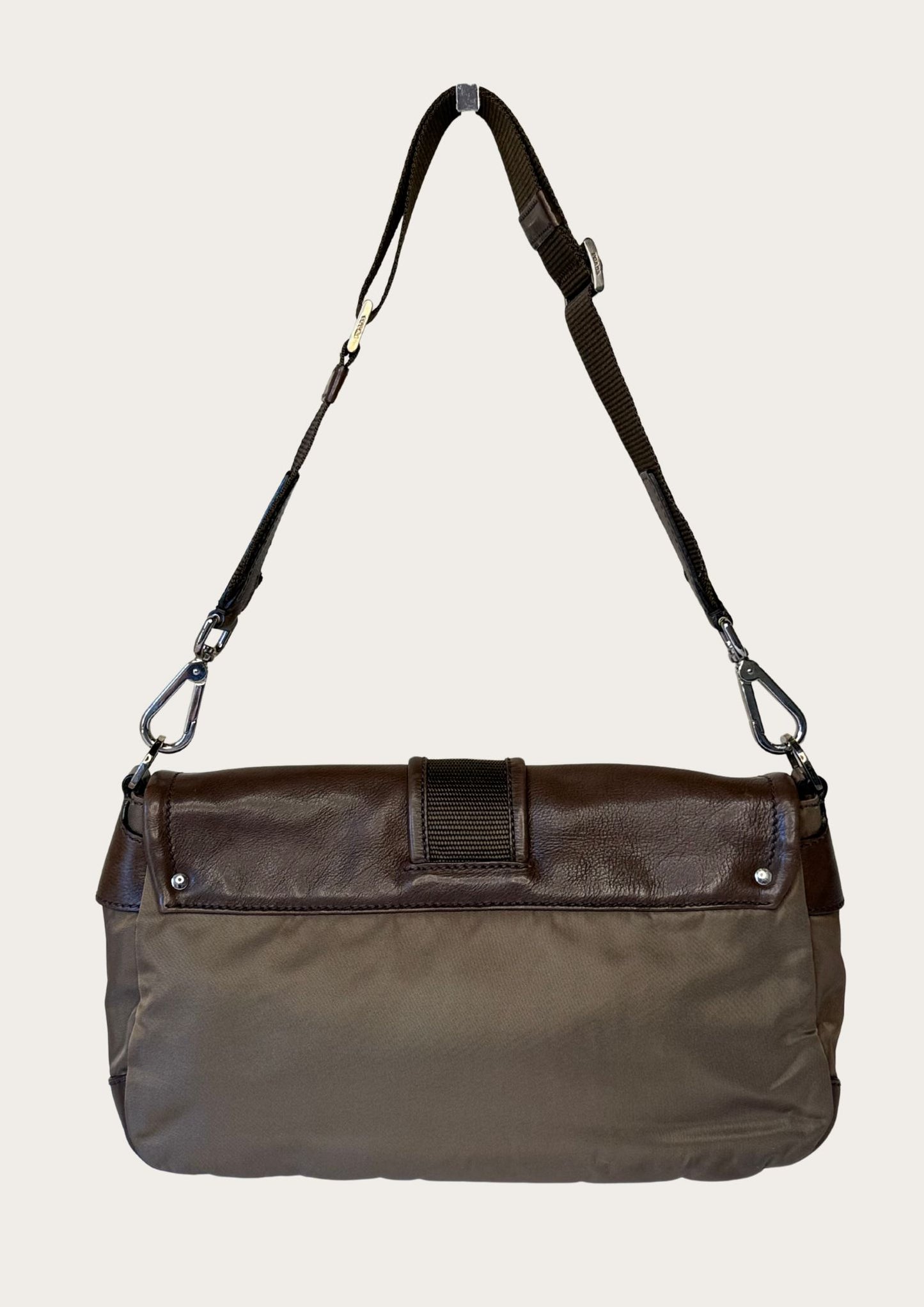 Authentic Prada nylon and leather buckle shoulder bag in green and brown 