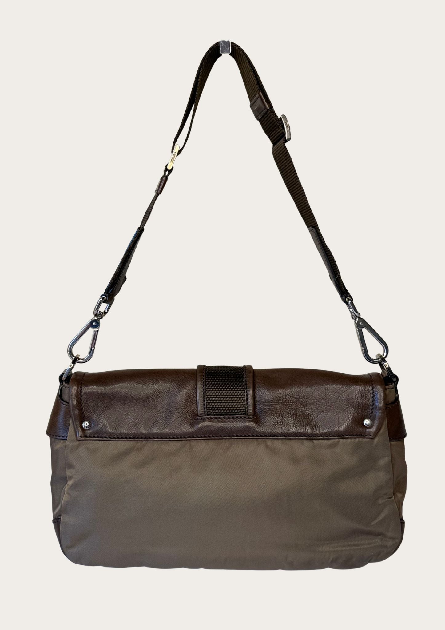 Authentic Prada nylon and leather buckle shoulder bag in green and brown 