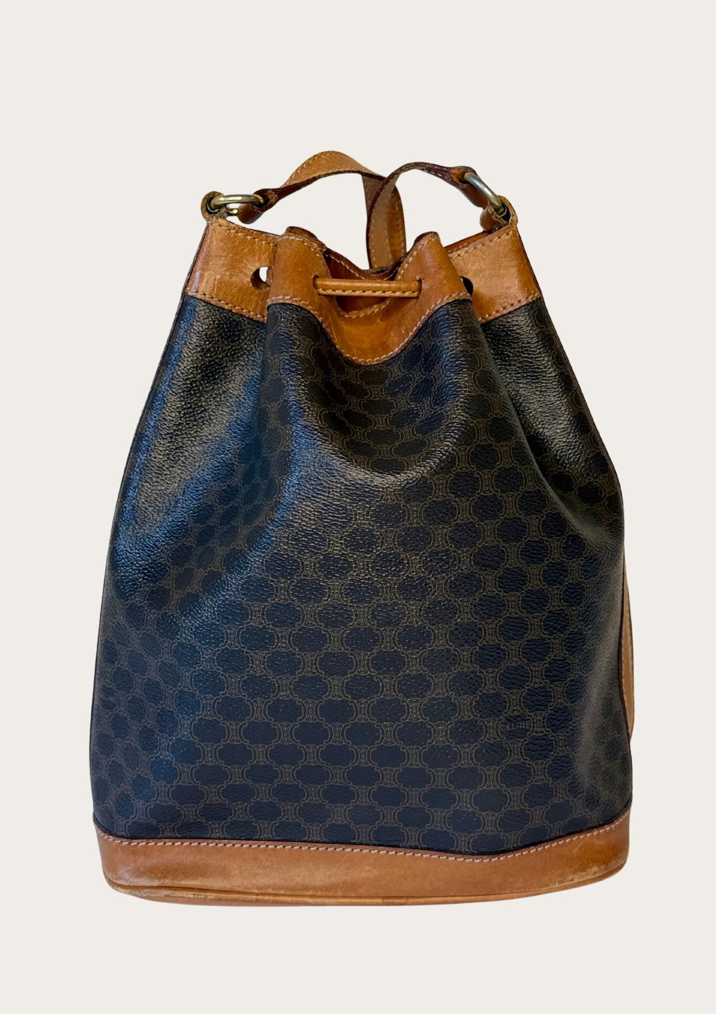 Genuine Celine bucket bag in macadam pattern with leather details