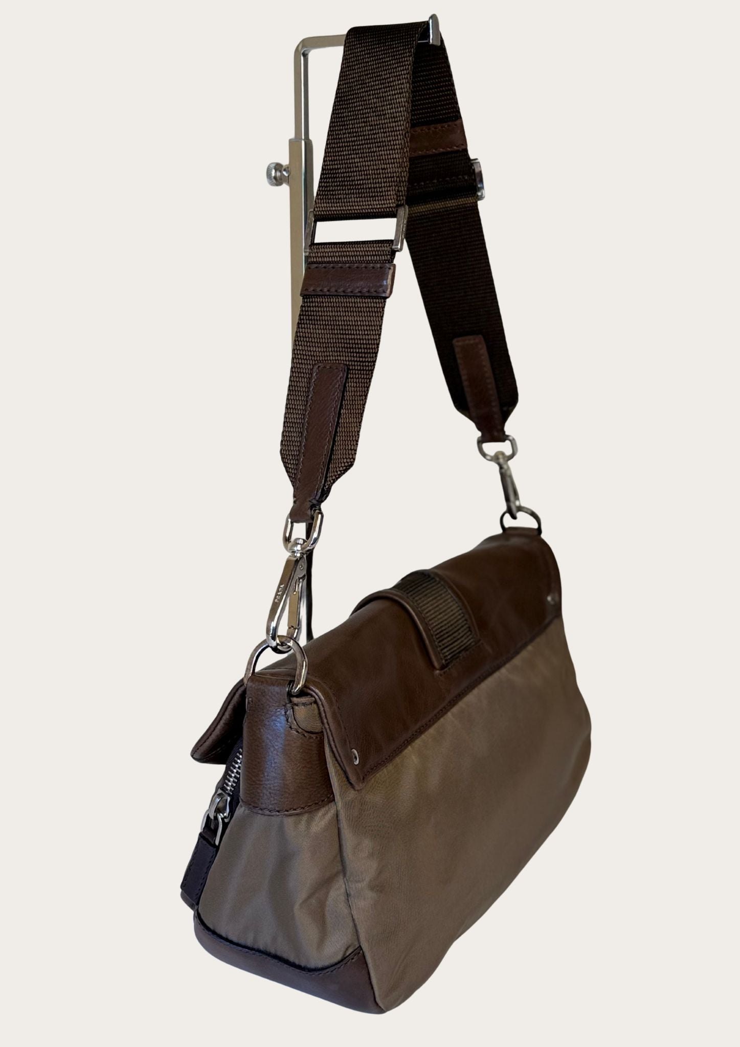 Authentic Prada nylon and leather buckle shoulder bag in green and brown 