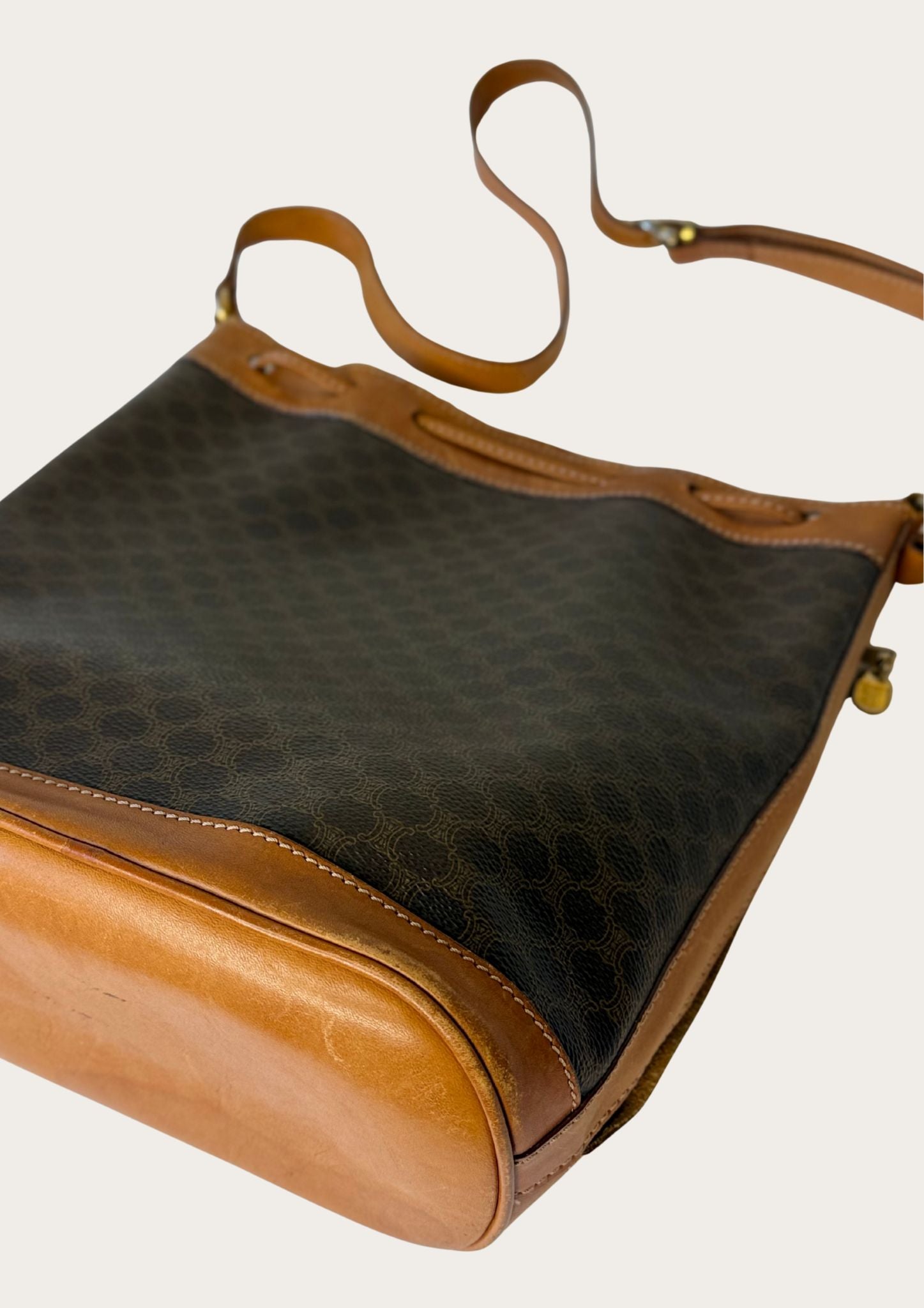 Genuine Celine bucket bag in macadam pattern with leather details