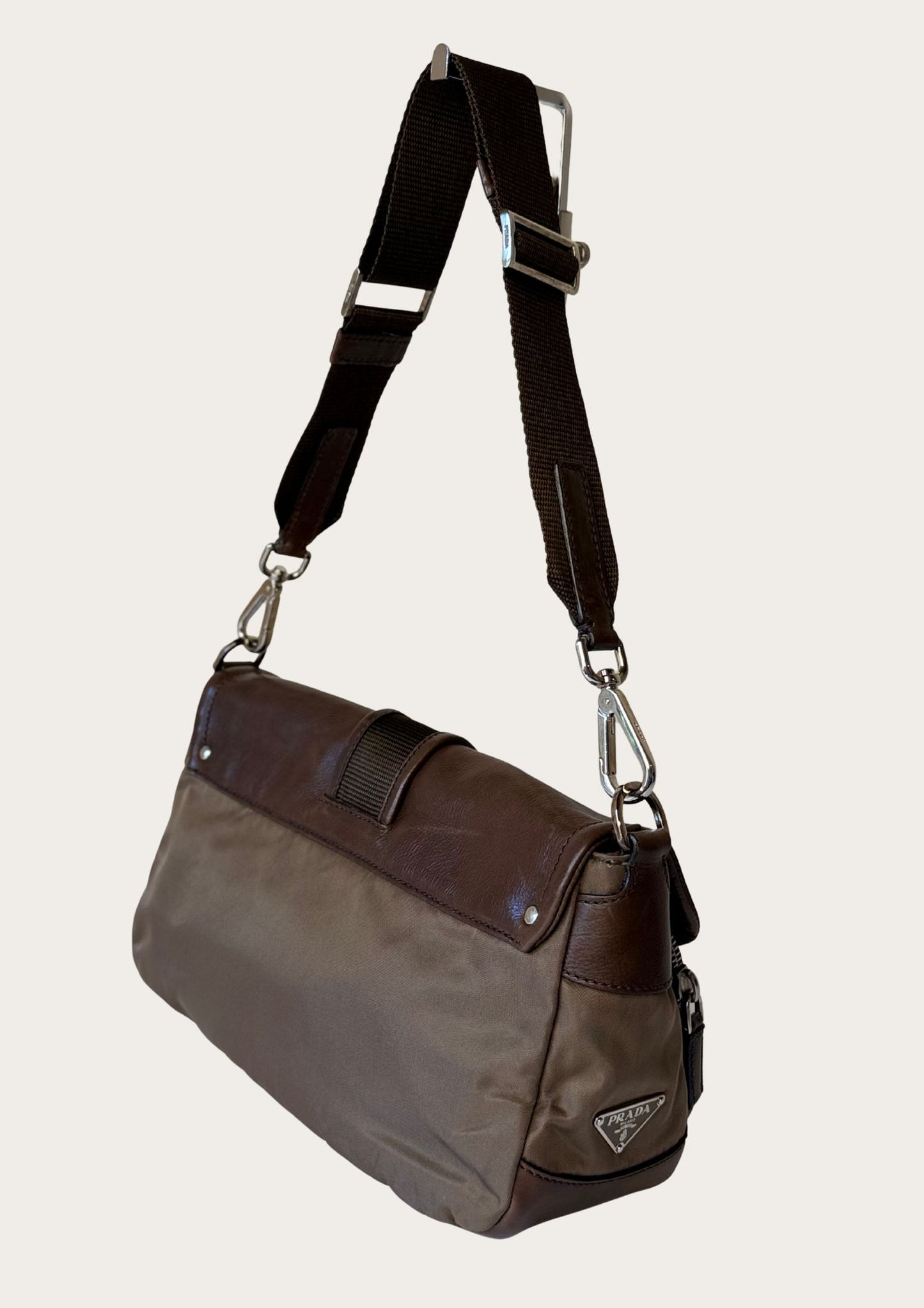 Authentic Prada nylon and leather buckle shoulder bag in green and brown 