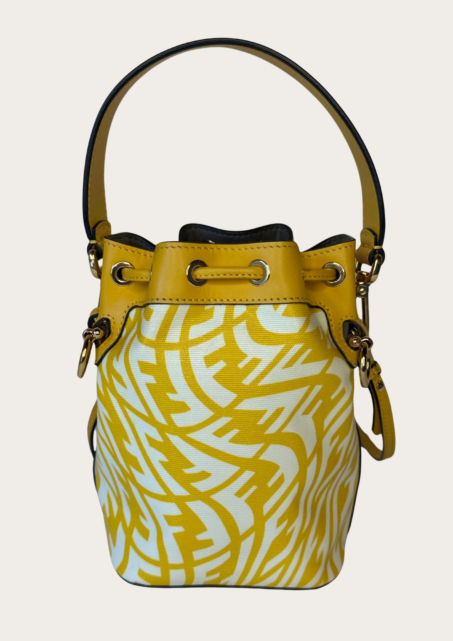 Genuine Fendi Mon Trésor Mini Bucket Bag in yellow and white canvas and leather
