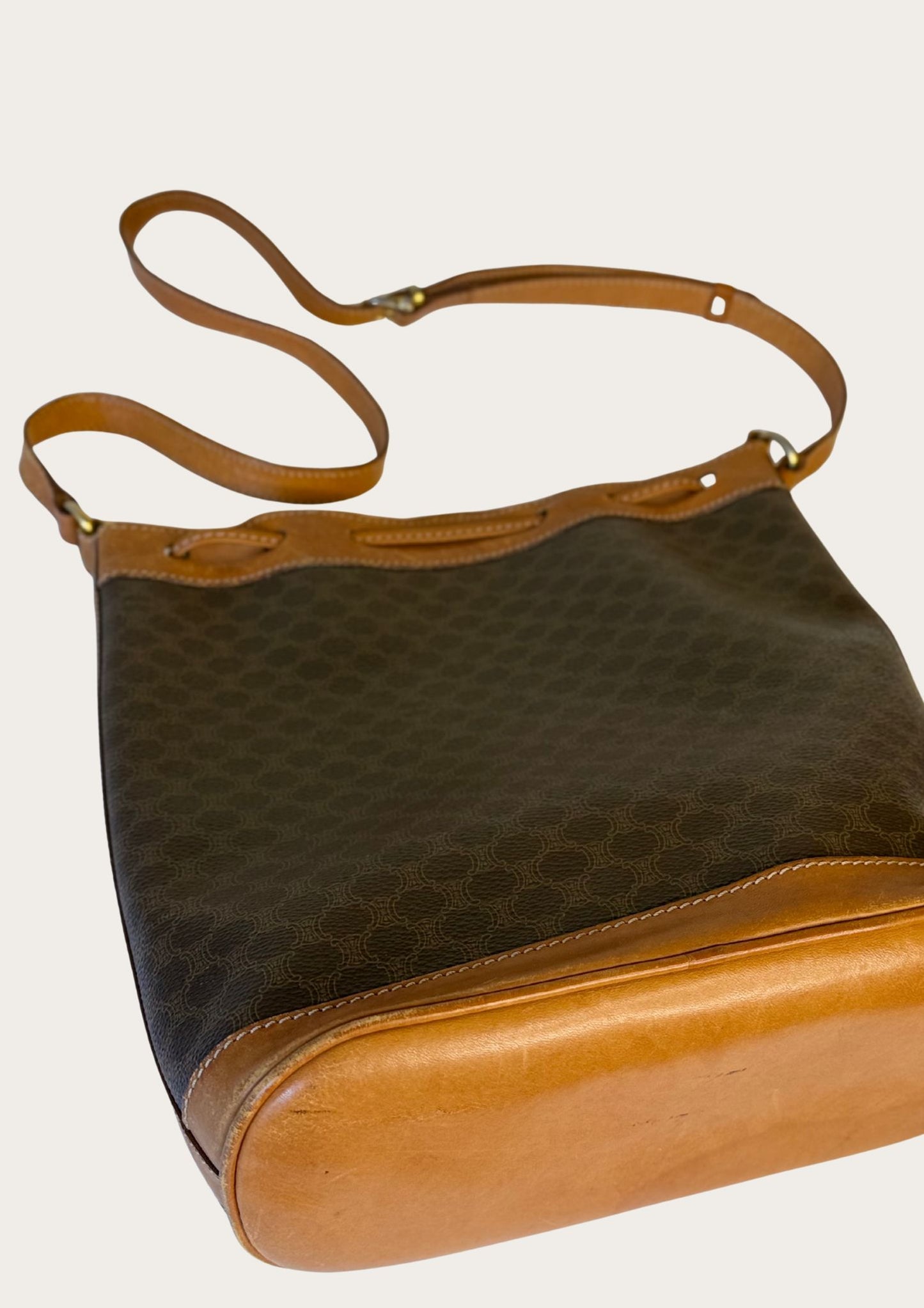 Genuine Celine bucket bag in macadam pattern with leather details