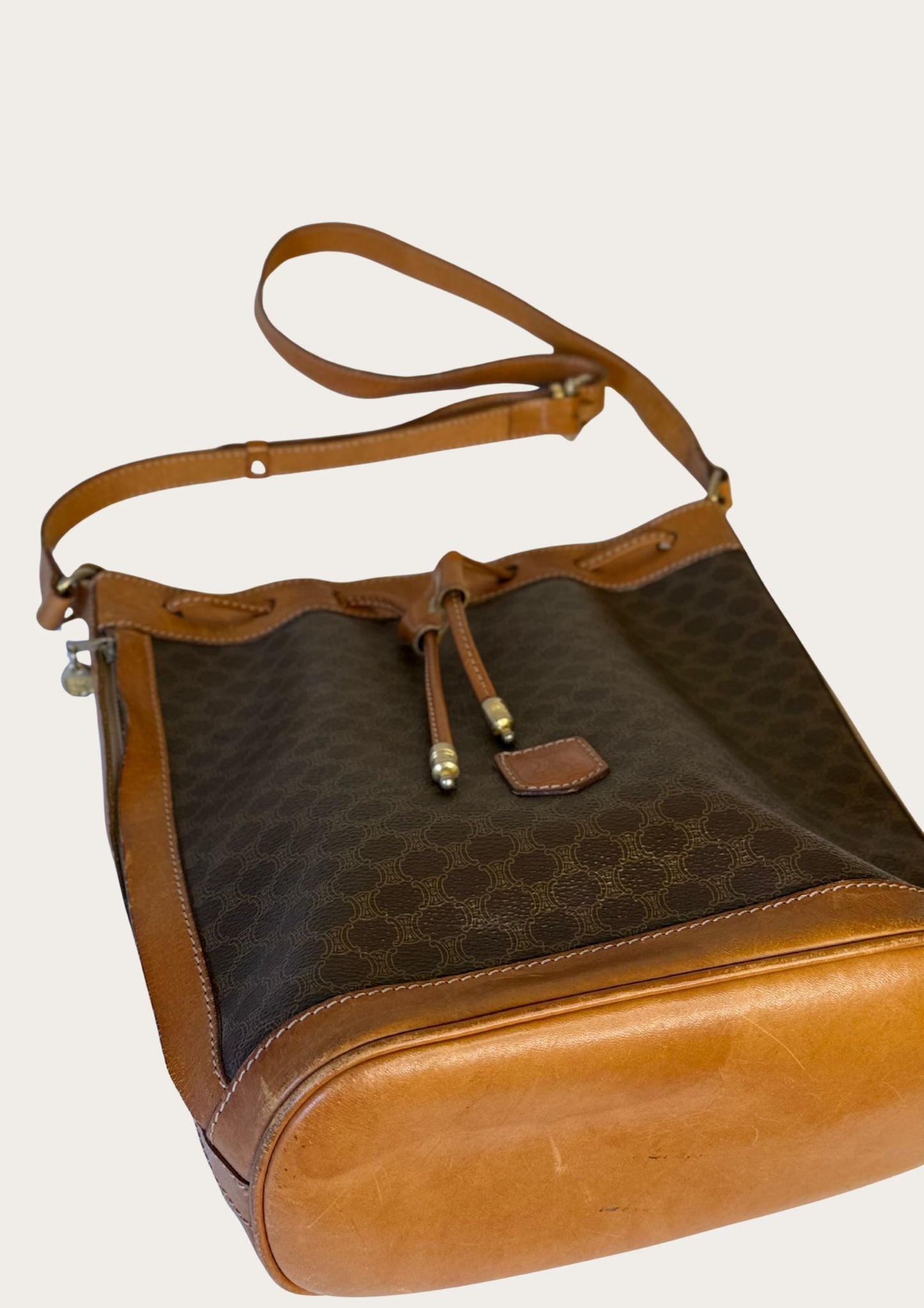 Genuine Celine bucket bag in macadam pattern with leather details