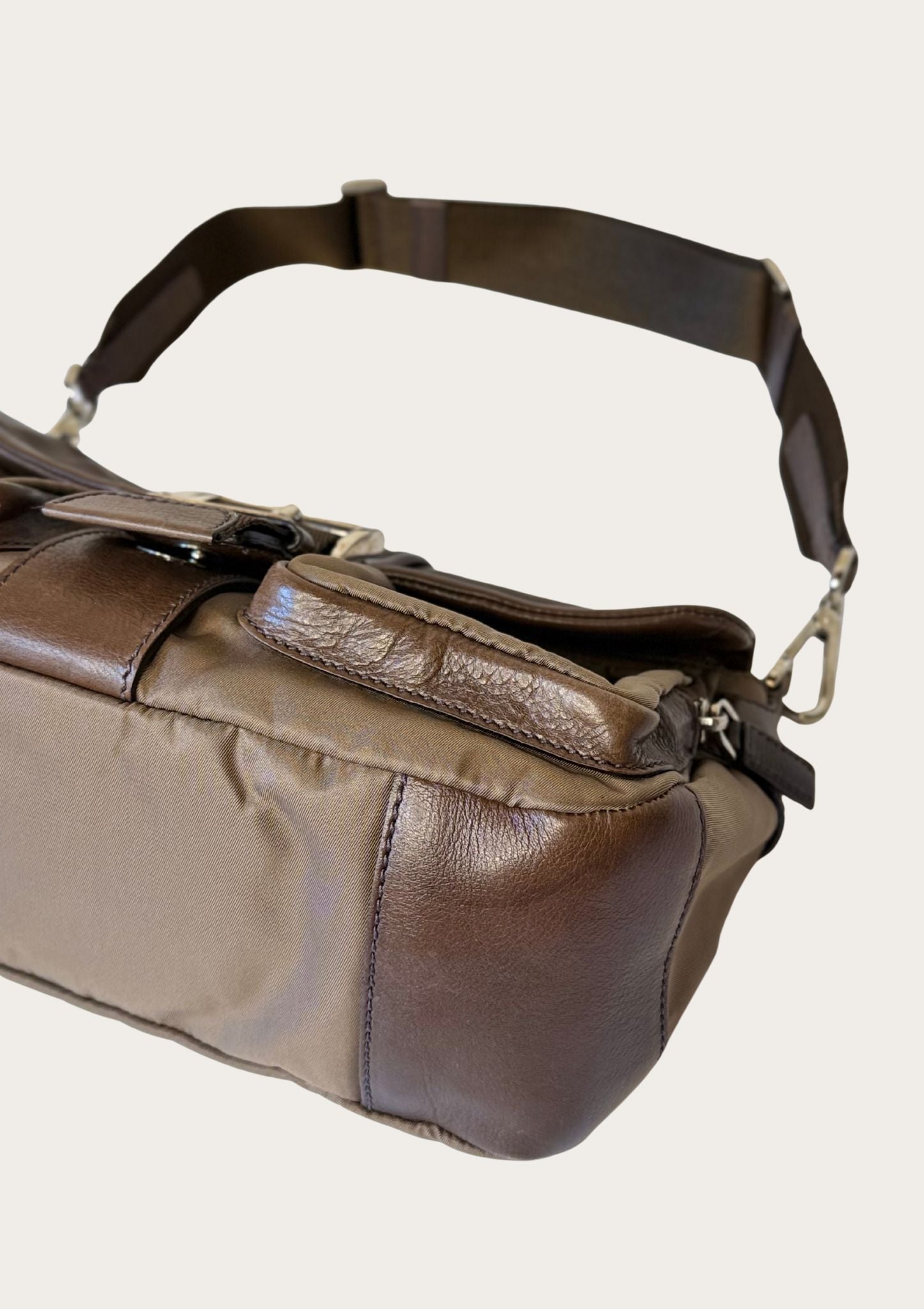 Authentic Prada nylon and leather buckle shoulder bag in green and brown 