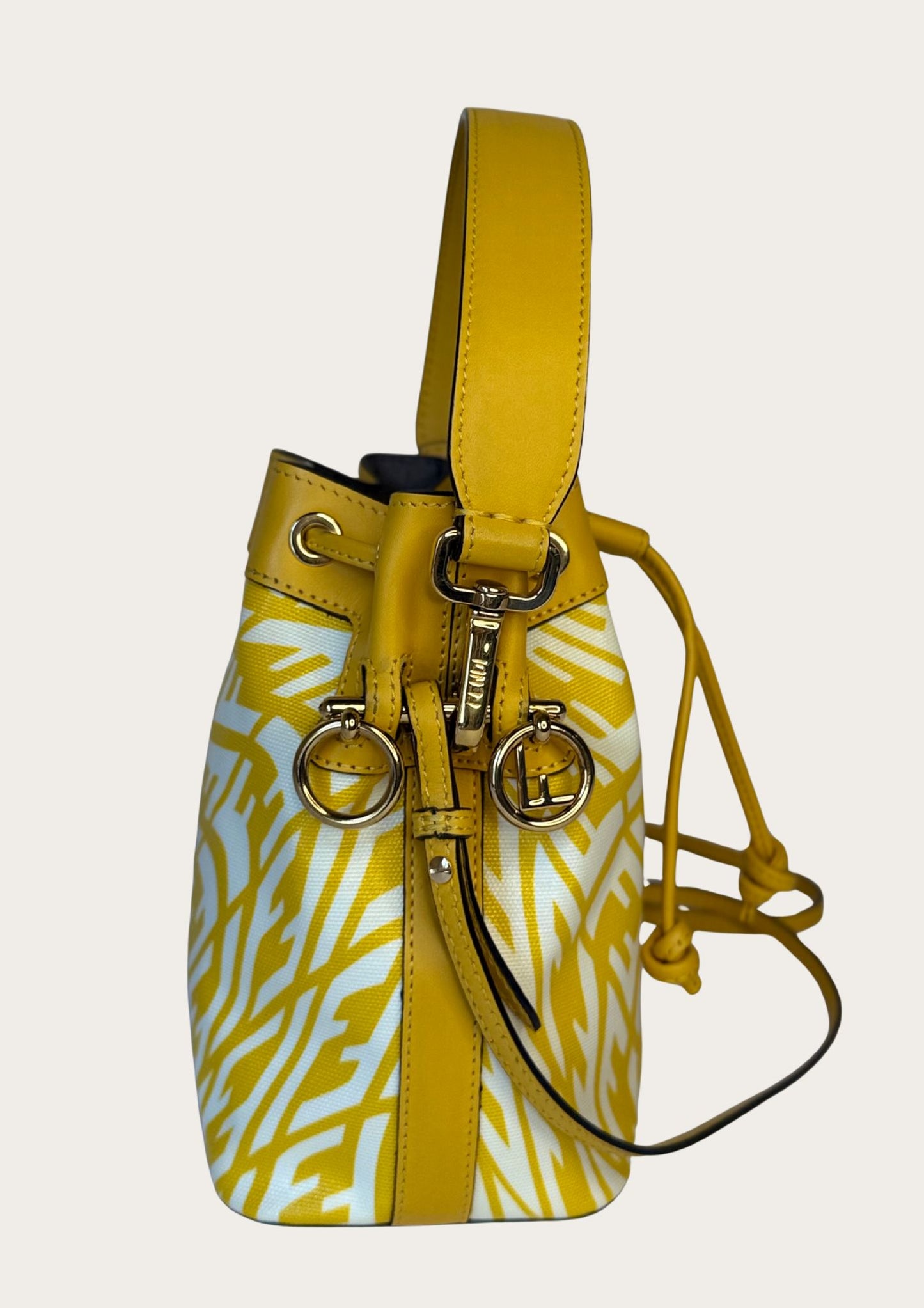 Genuine Fendi Mon Trésor Mini Bucket Bag in yellow and white canvas and leather