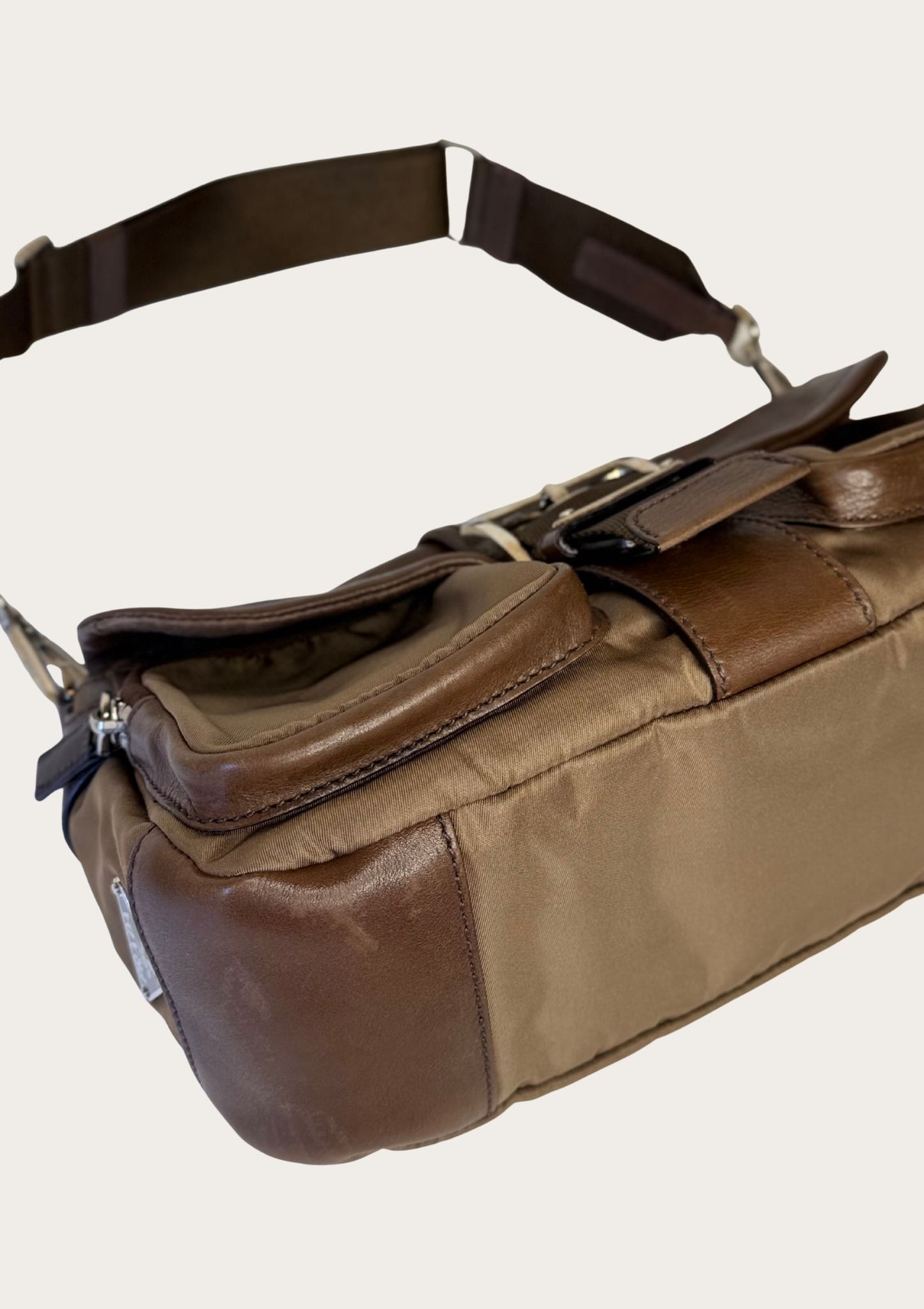 Authentic Prada nylon and leather buckle shoulder bag in green and brown 