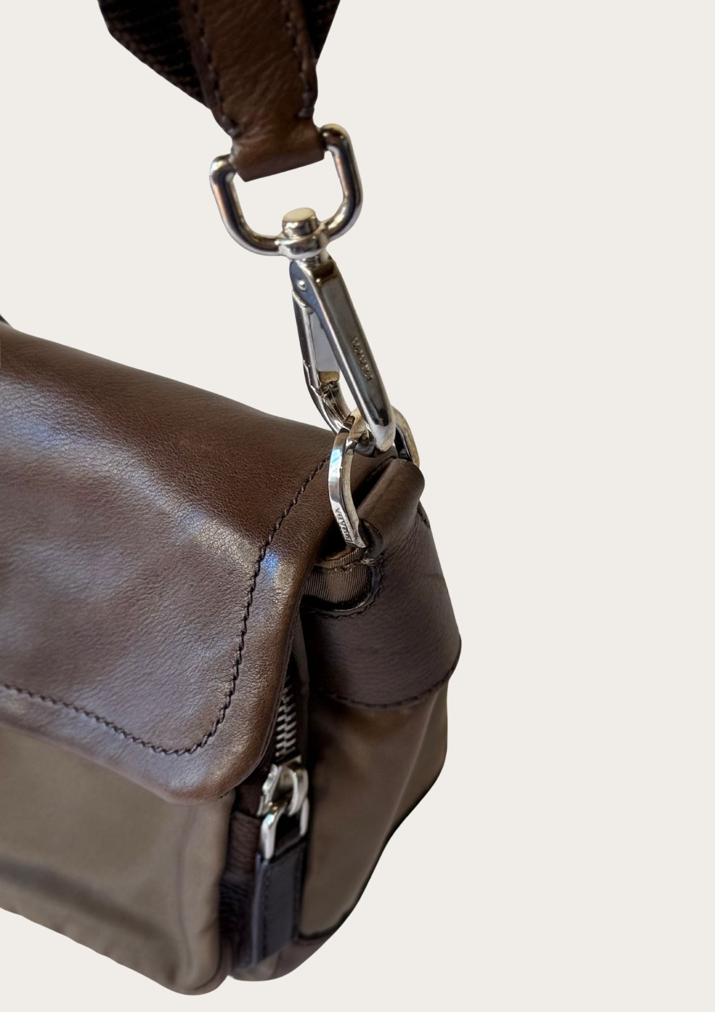 Authentic Prada nylon and leather buckle shoulder bag in green and brown 